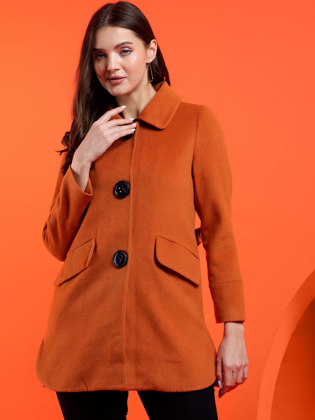 

Kotty Women Solid Spread Collar Overcoat, Rust