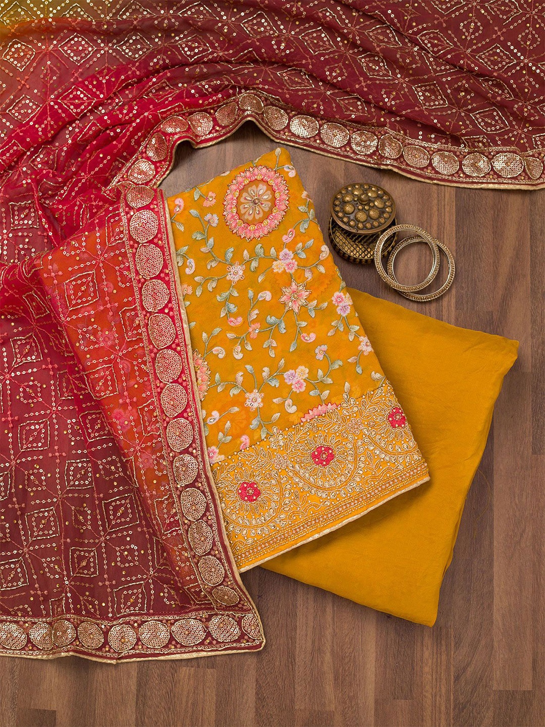 

Koskii Embroidered Unstitched Dress Material, Yellow
