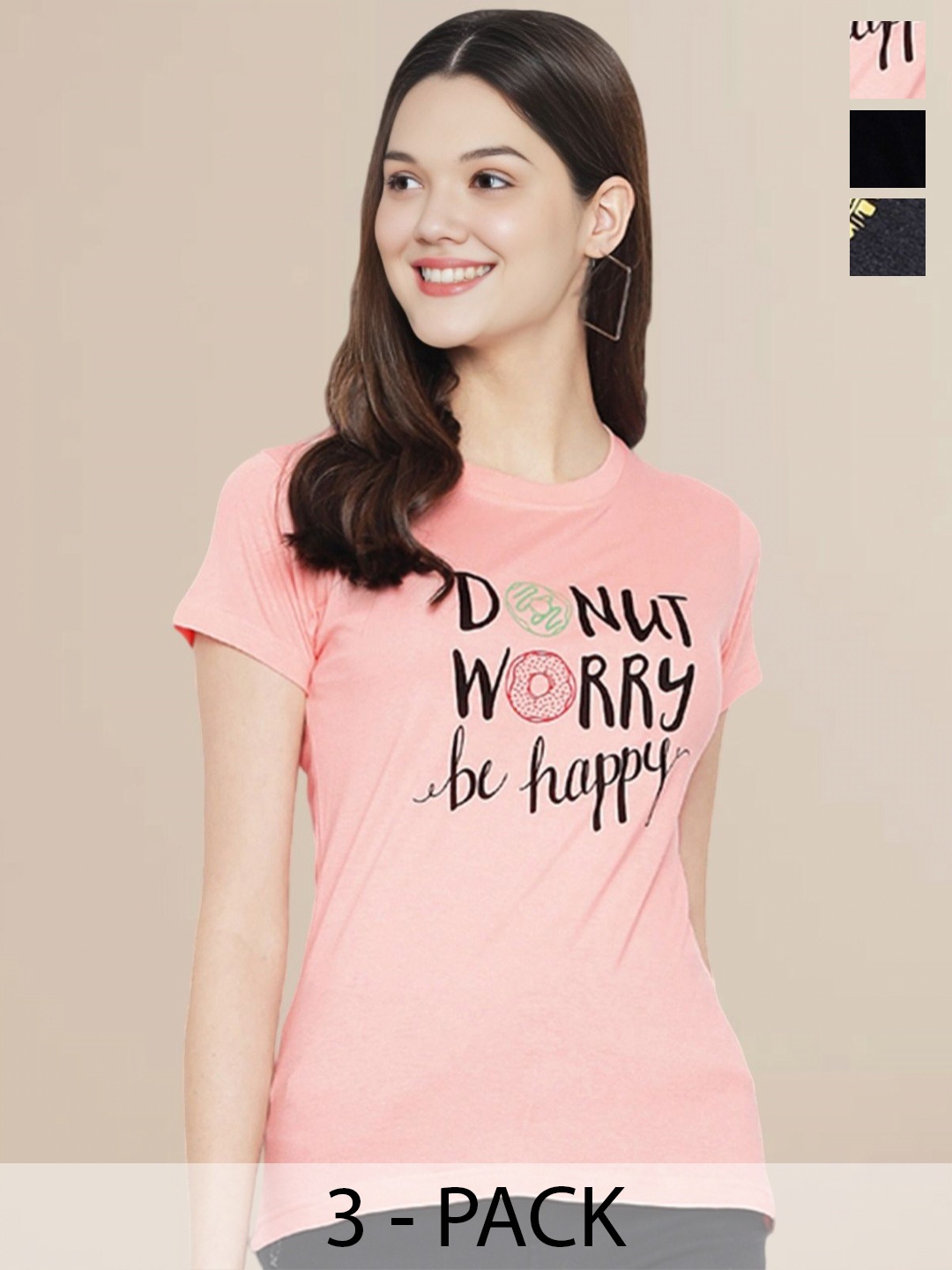 

Metronaut Women Pack Of 3 Typography Printed Round Neck Cotton T-shirts, Charcoal