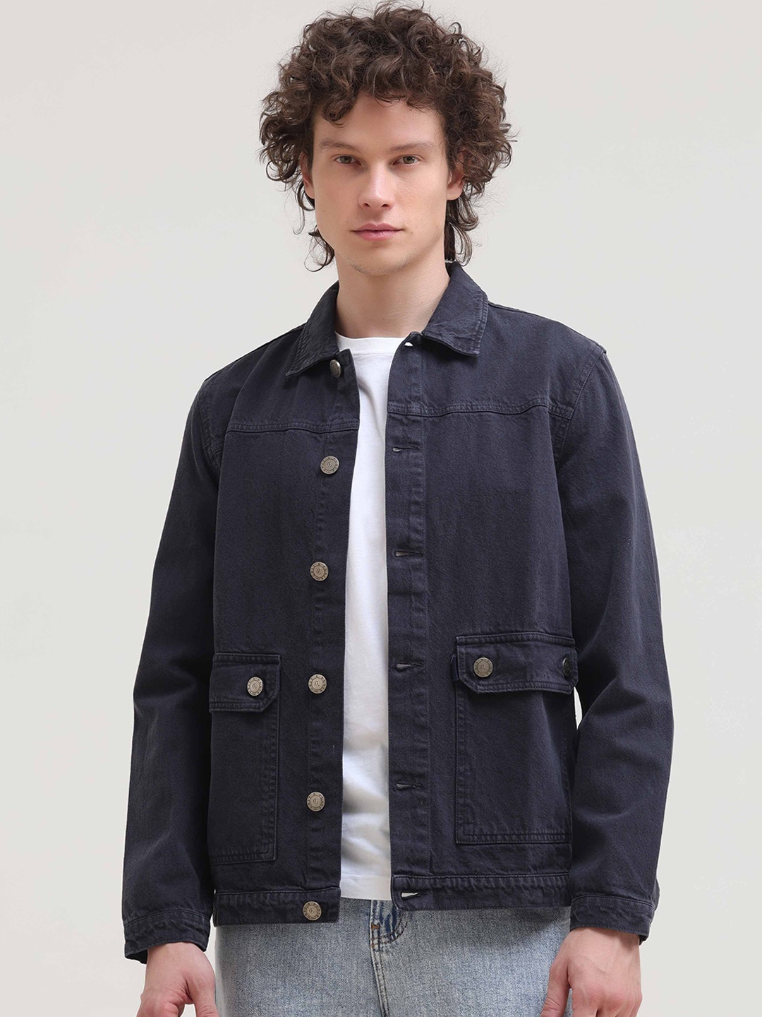 

Grit and Flair Men Washed Cotton Denim Jacket, Charcoal