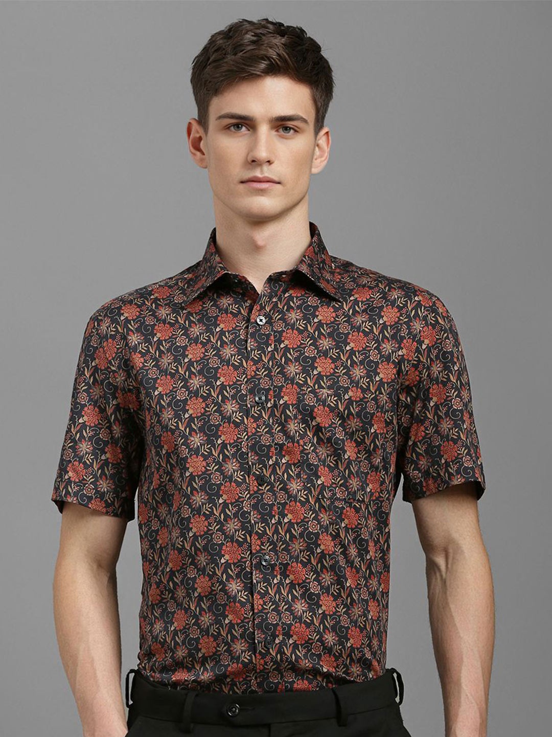

Louis Philippe Men Classic Spread Collar Floral Printed Cotton Formal Shirt, Black