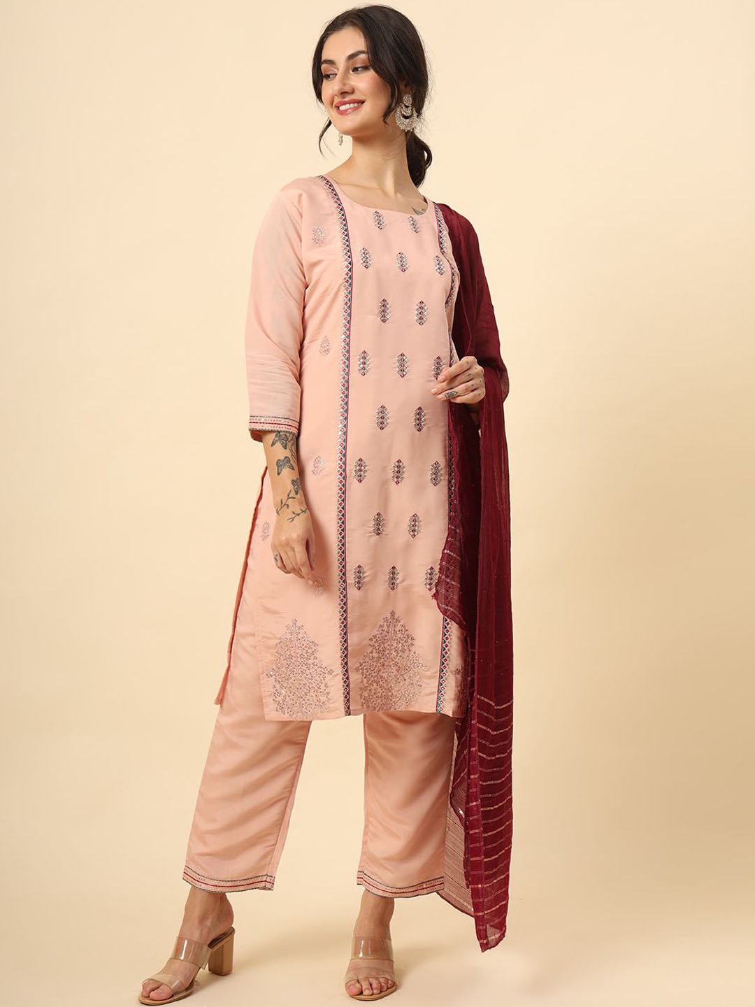 

HERE&NOW Women Embroidered Regular Sequinned Kurta with Trousers & With Dupatta, Peach