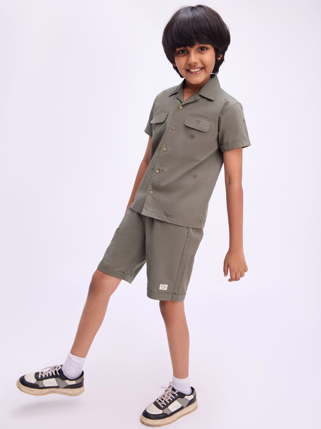 

HOUSE OF INARI Boys Pure Cotton Embroidered Co-ord Set, Olive