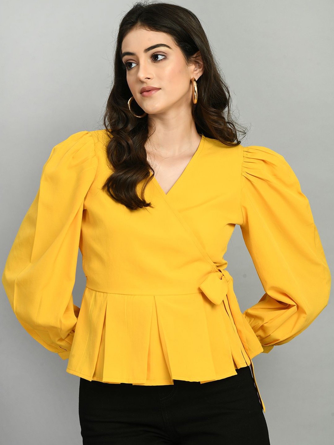 

all about you Women Puff Sleeve Wrap Top, Yellow