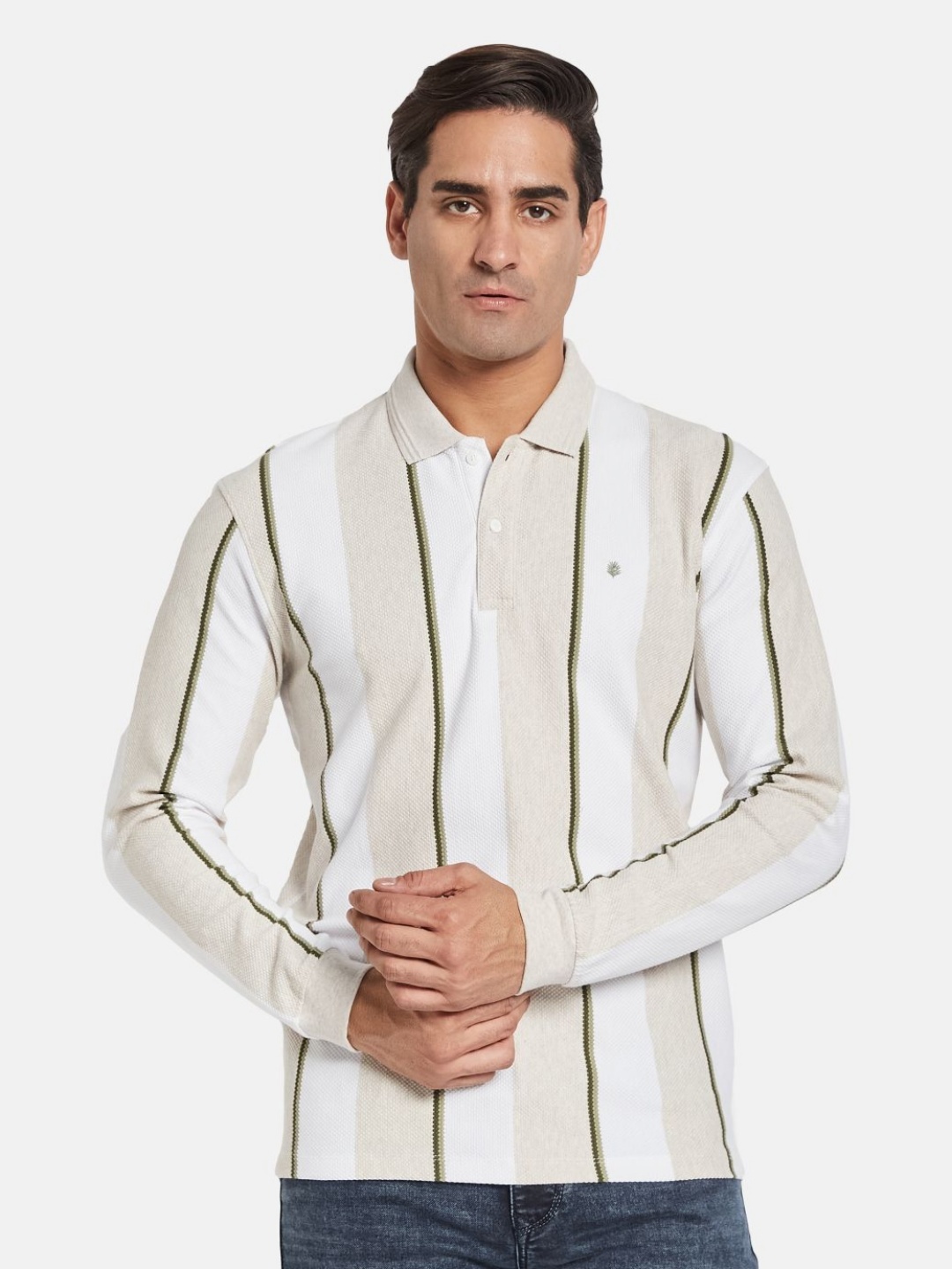 

METTLE Men Striped Polo Collar T-shirt, Cream