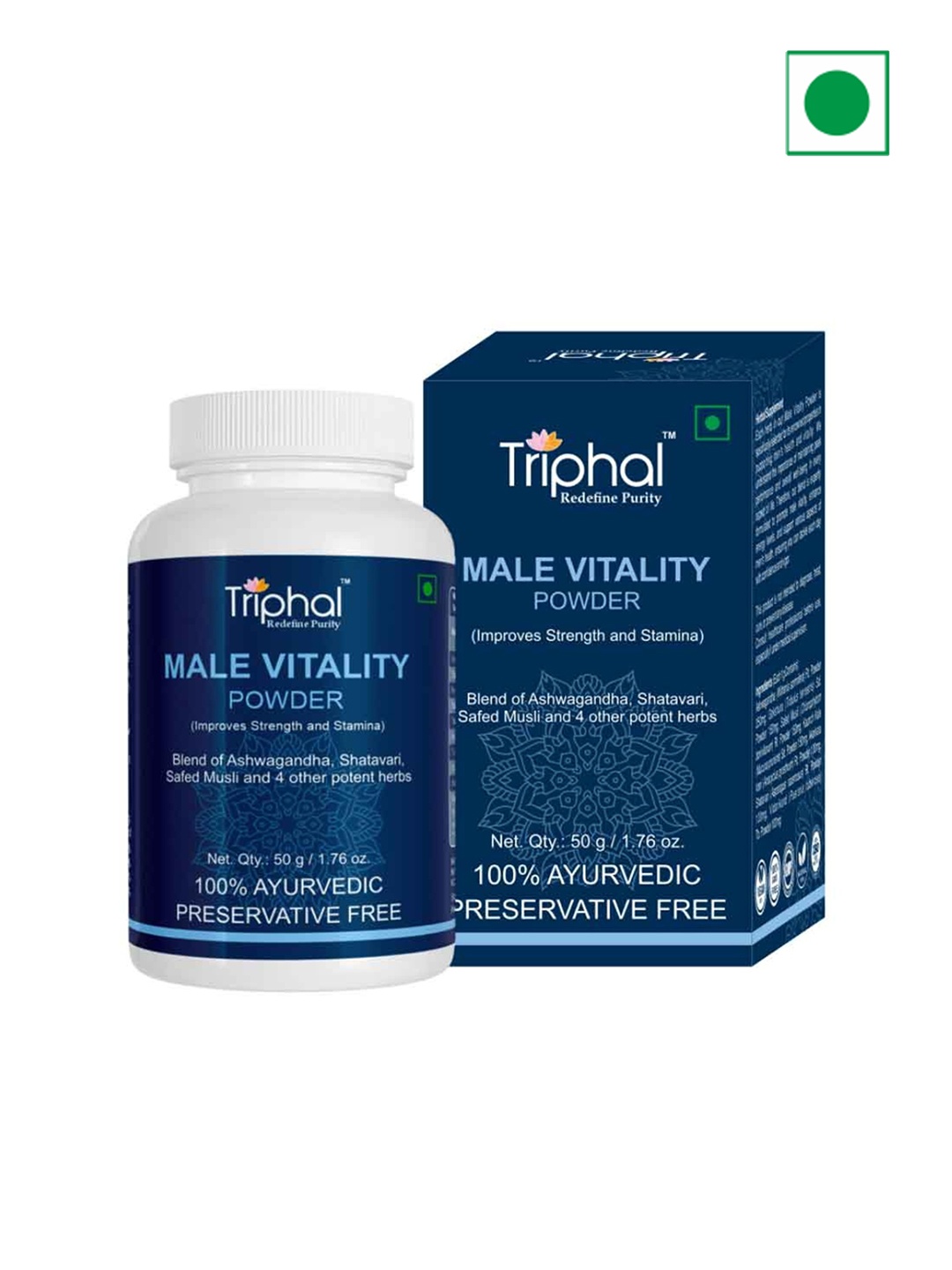 

Triphal Male Vitality Powder With Ashwagandha & Vidharikand- 50 g, Blue