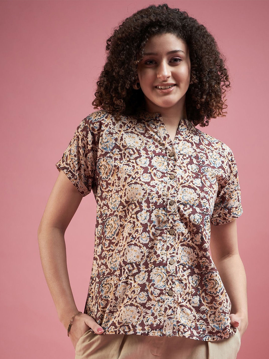 

DressBerry Women Cotton Self Design Mandarin Collar Top, Brown