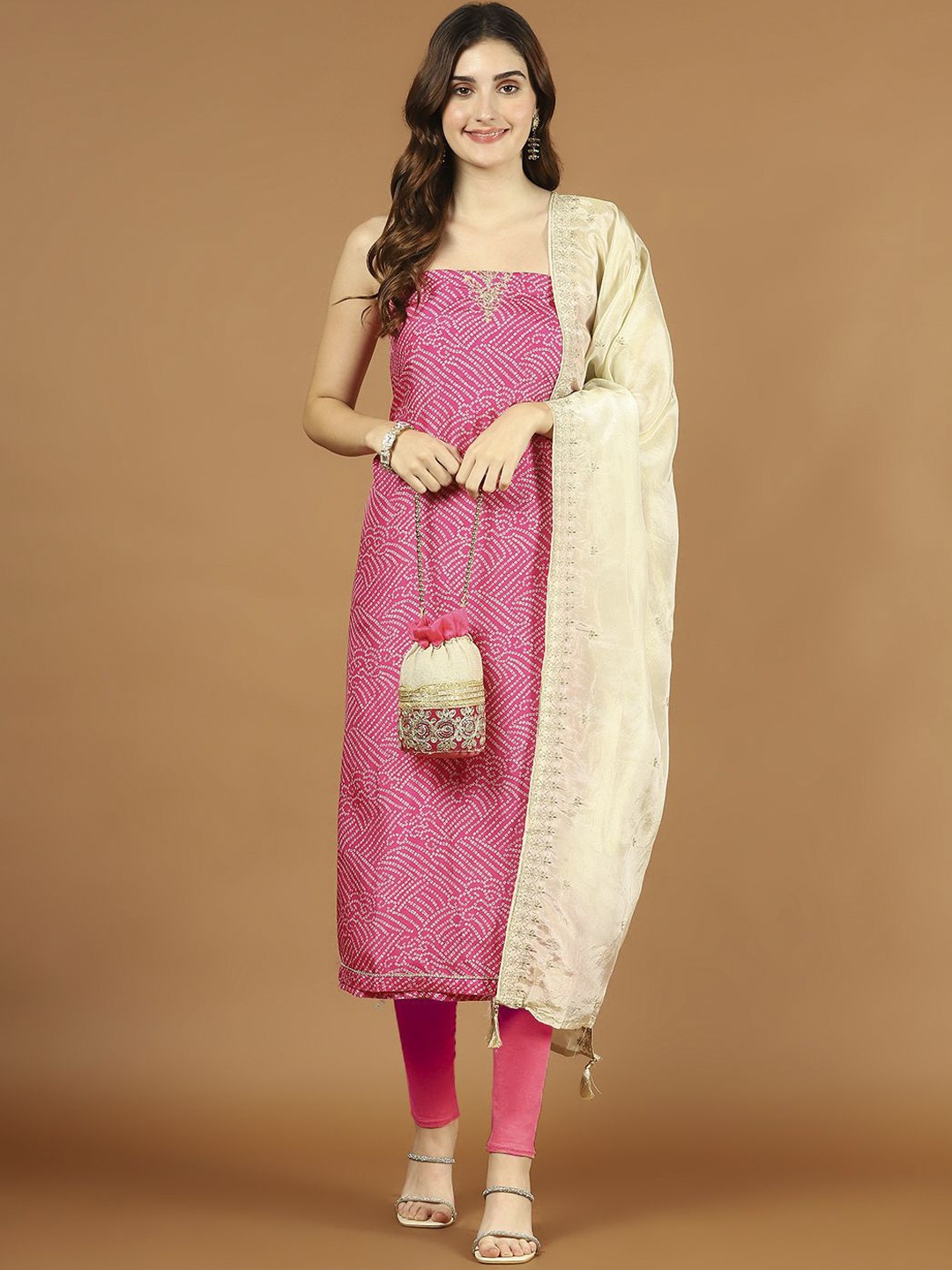 

Meena Bazaar Bandhani Printed Muslin Unstitched Dress Material, Pink