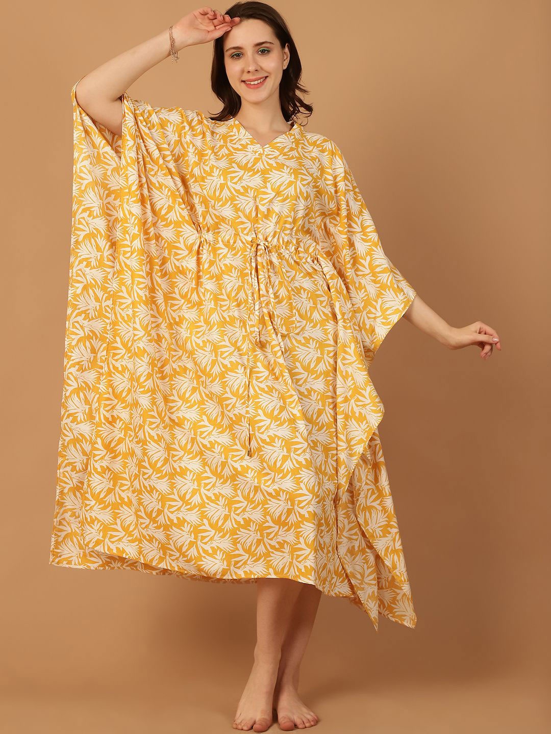 

Blissence Women Printed Kaftan Midi Nightdress, Yellow