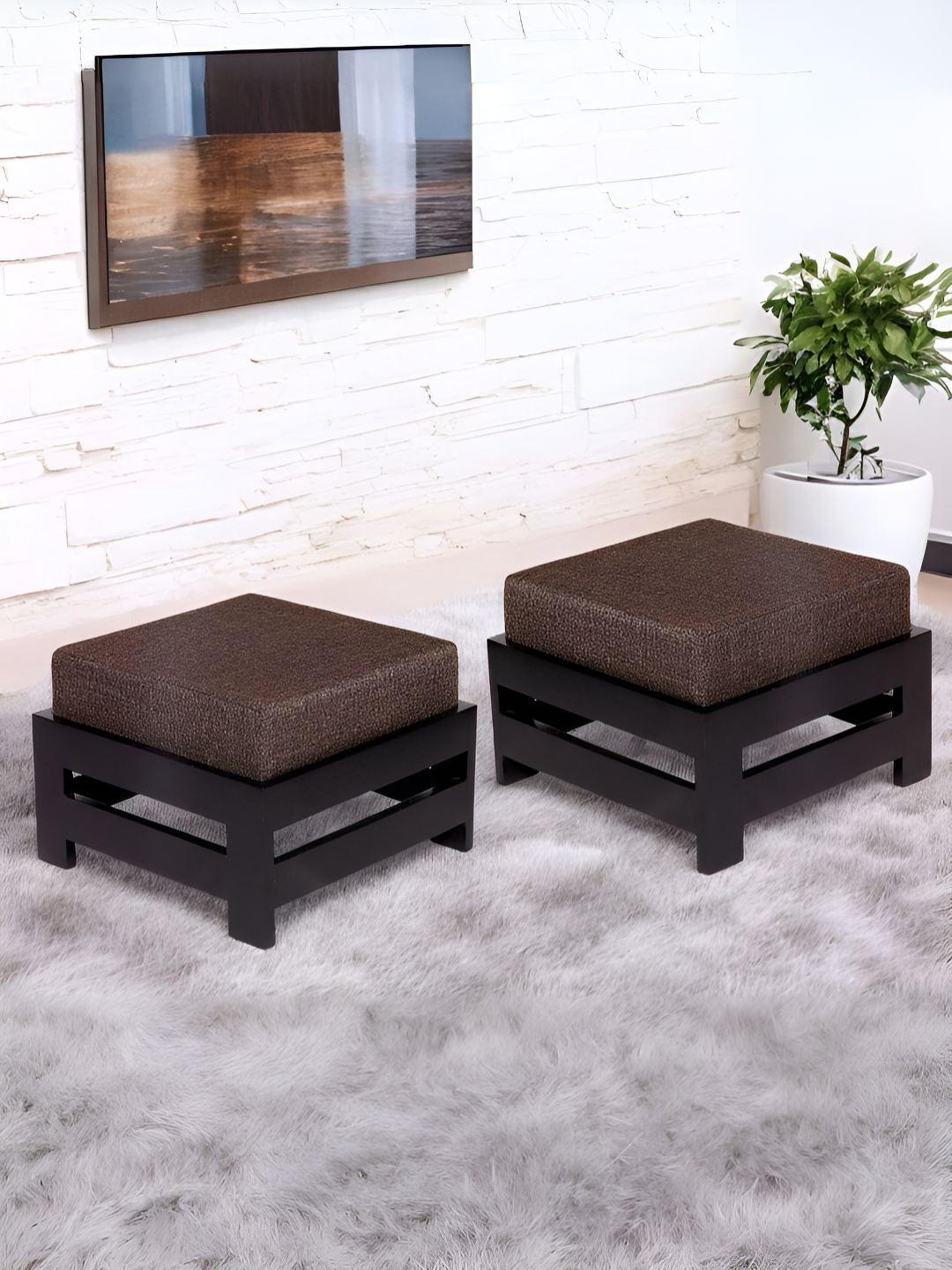 

Ikiriya 2-Pcs Brown Square Wooden Foot Stools with Jute Cushion