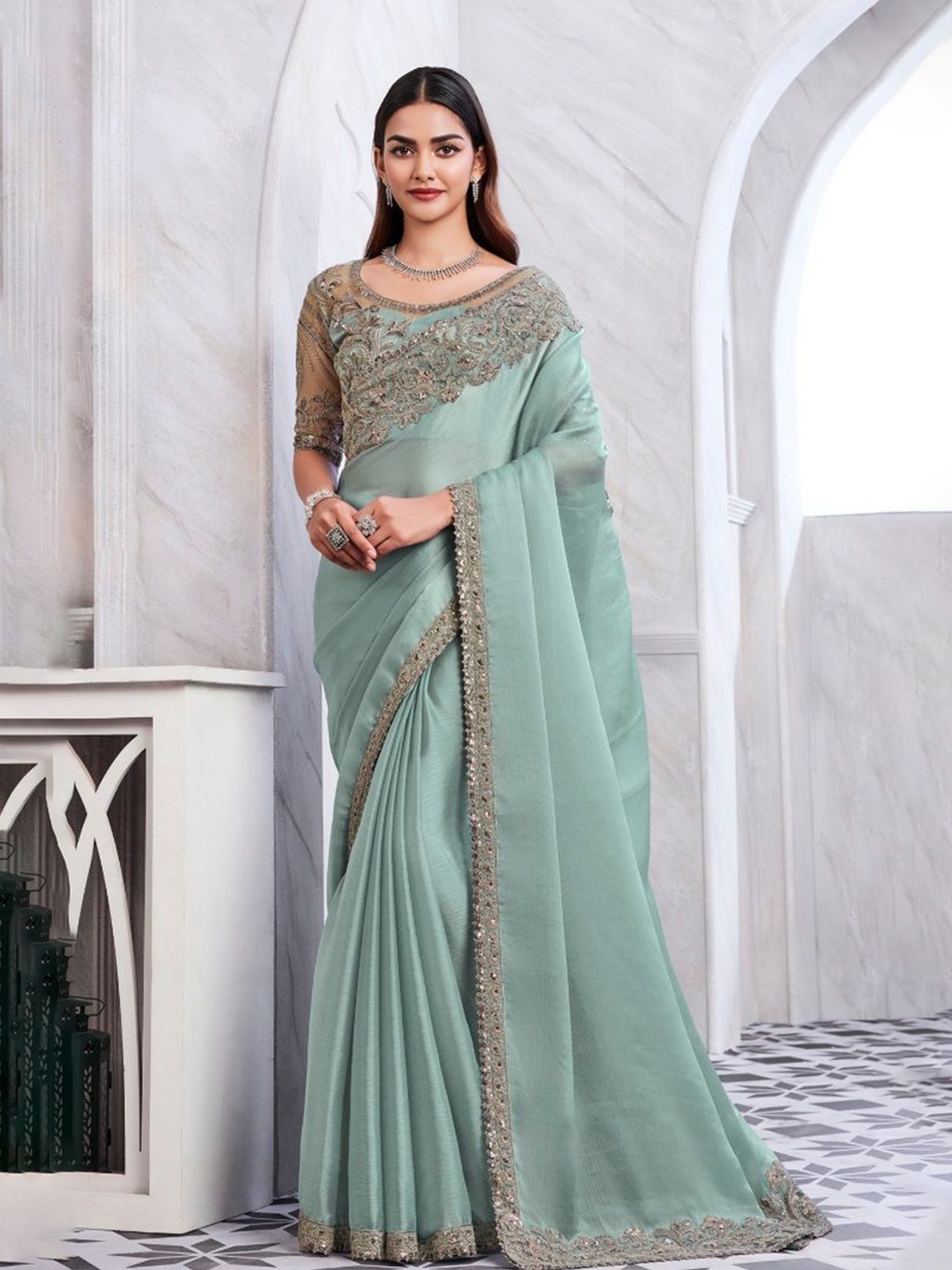 

Reboot Fashions Embellished Beads and Stones Pure Chiffon Saree, Sea green