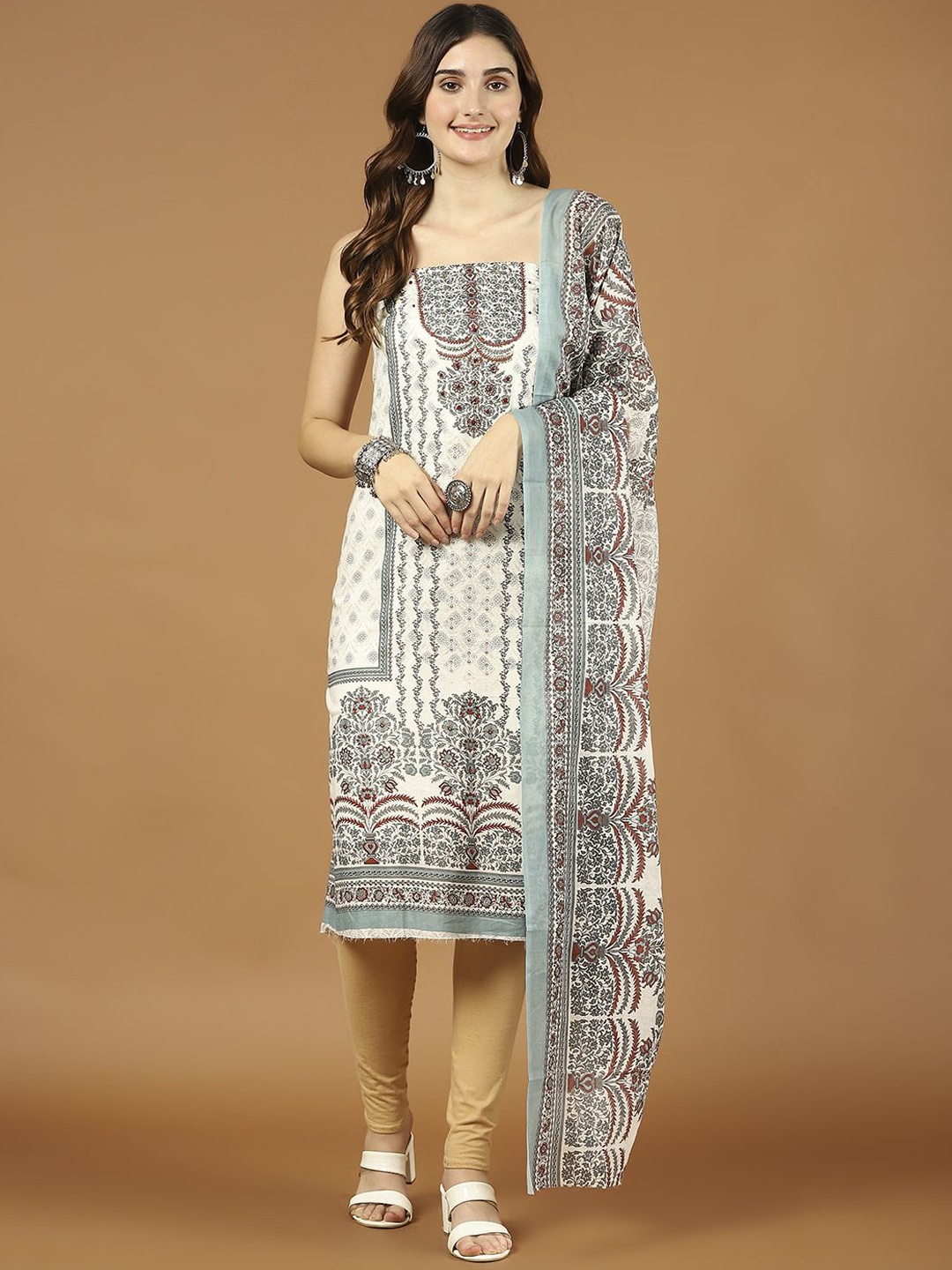 

Meena Bazaar Printed Unstitched Dress Material, Cream