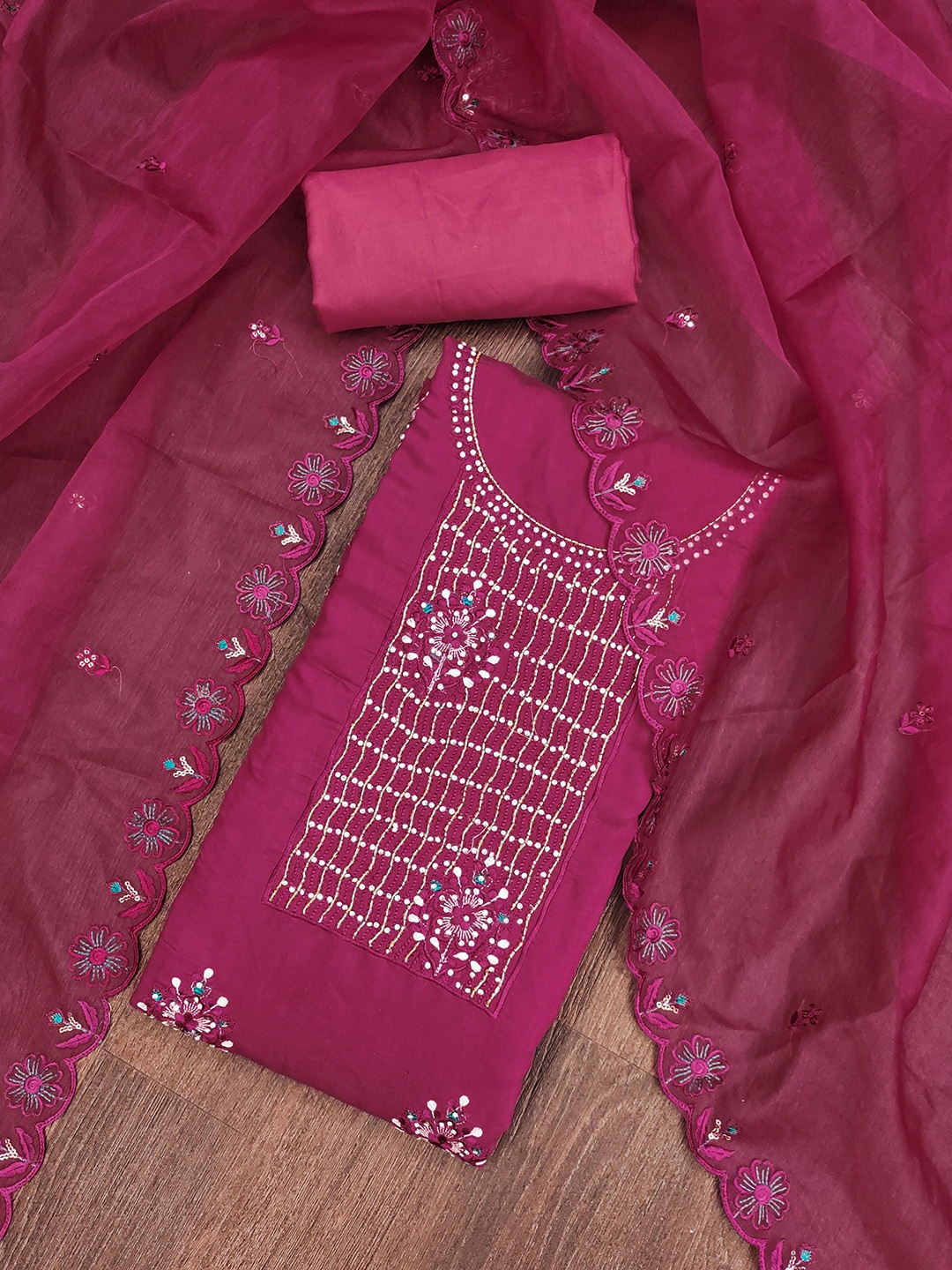 

KALINI Embroidered Pure Silk Unstitched Dress Material, Pink