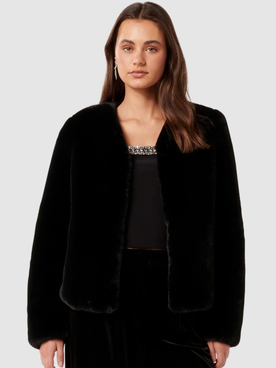 

Forever New Faux Fur Hip-Length Overcoat, Black