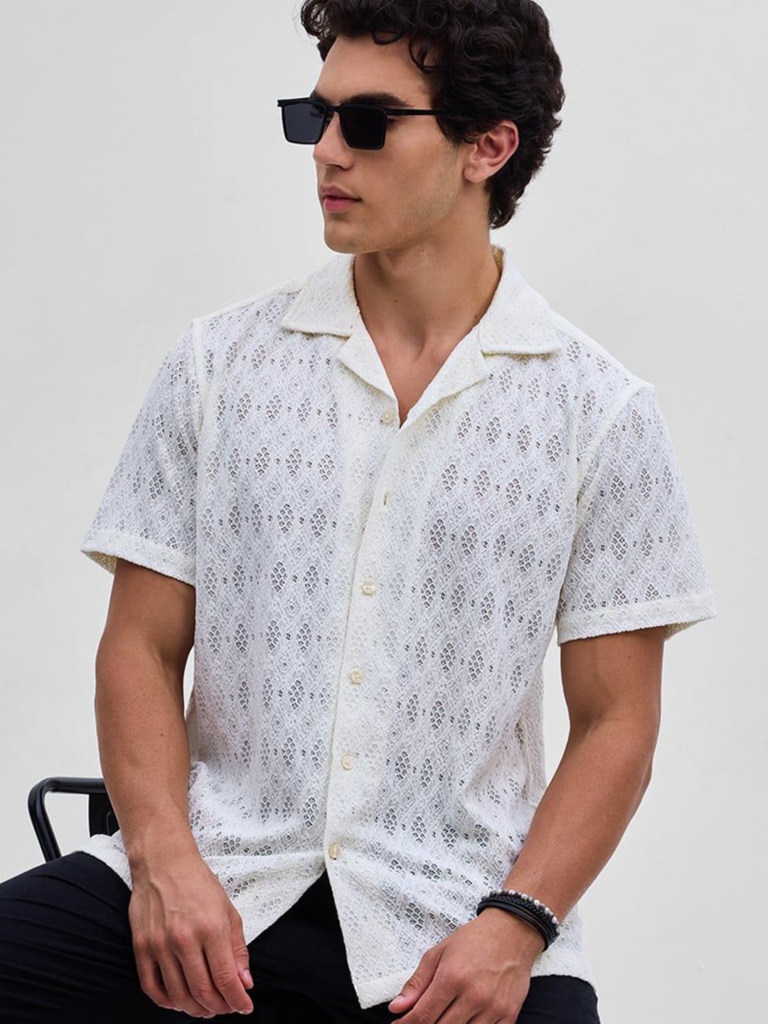 

Snitch Men Relaxed Cuban Collar Textured Casual Shirt, Off white
