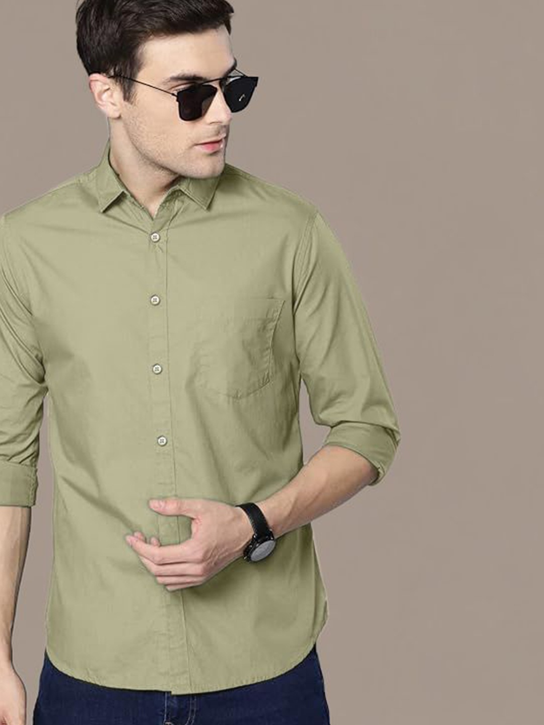 

ADWYN PETER Men Classic Spread Collar Solid Cotton Casual Shirt, Green