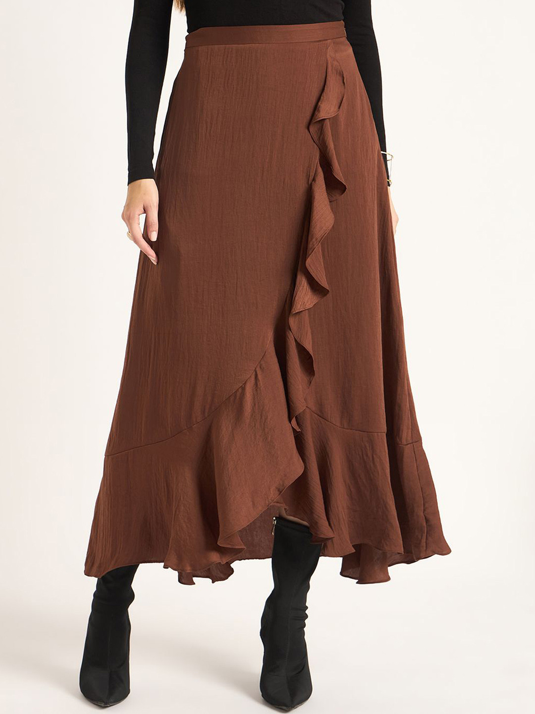 

FEMMELLA Satin Ruffled A-Line Maxi Skirt, Coffee brown