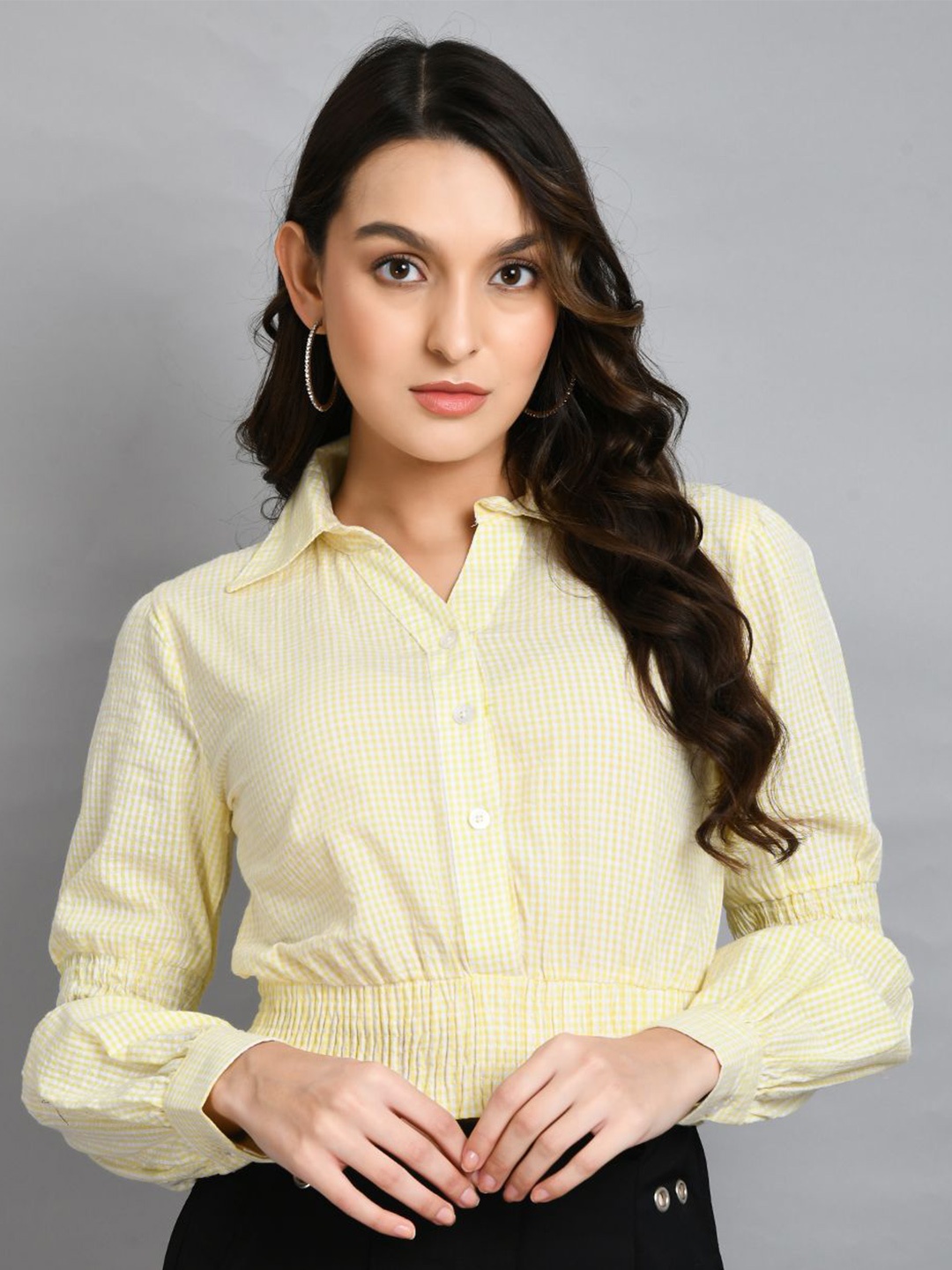 

all about you Women Checked Cotton Shirt Style Crop Top, Yellow