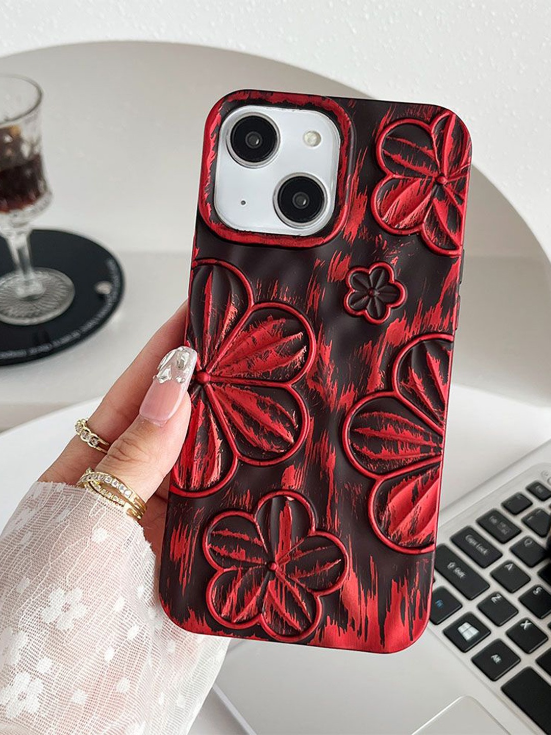 

Luxury Kase Floral Printed iPhone 14 Back Case Mobile Accessories, Red