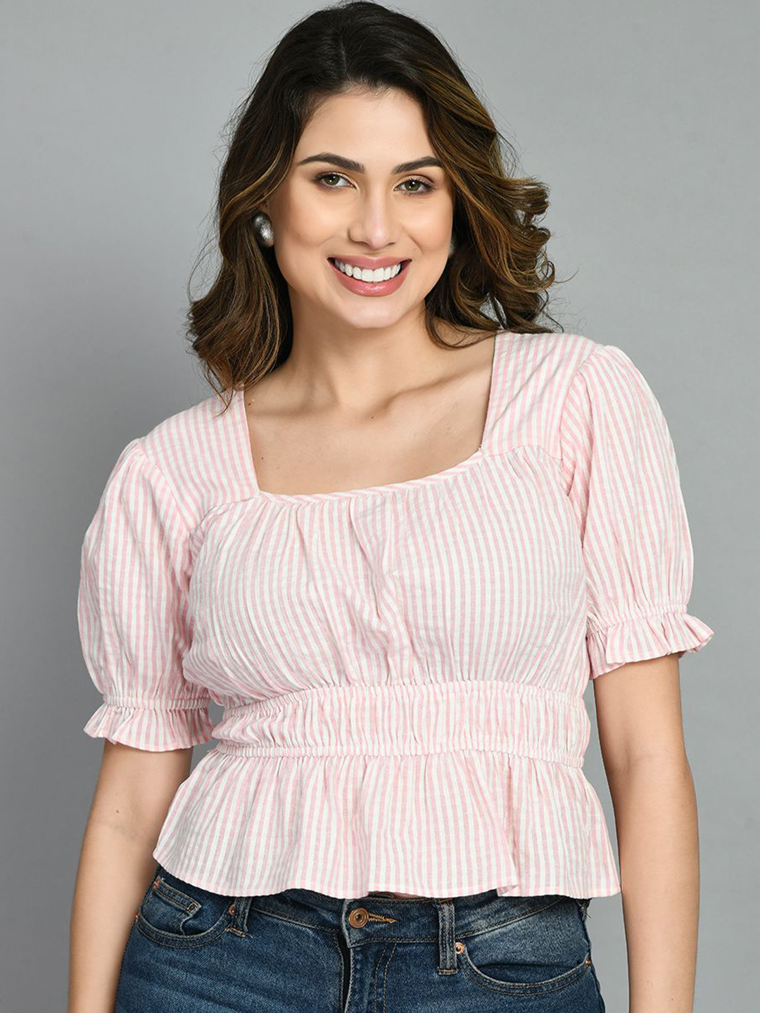 

all about you Checked Puff Sleeve Cotton Cinched Waist Crop Top, Pink