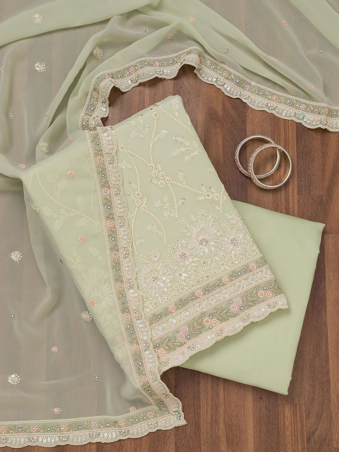 

Koskii Embellished Unstitched Dress Material, Green
