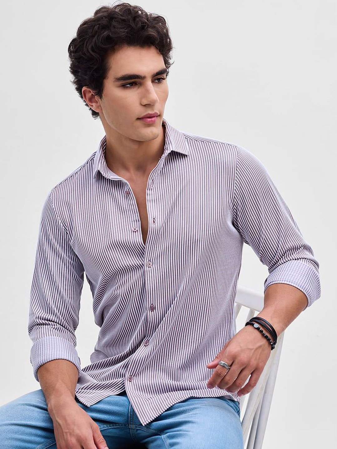 

Snitch Men Smart Slim Fit Opaque Striped Casual Shirt, Lavender