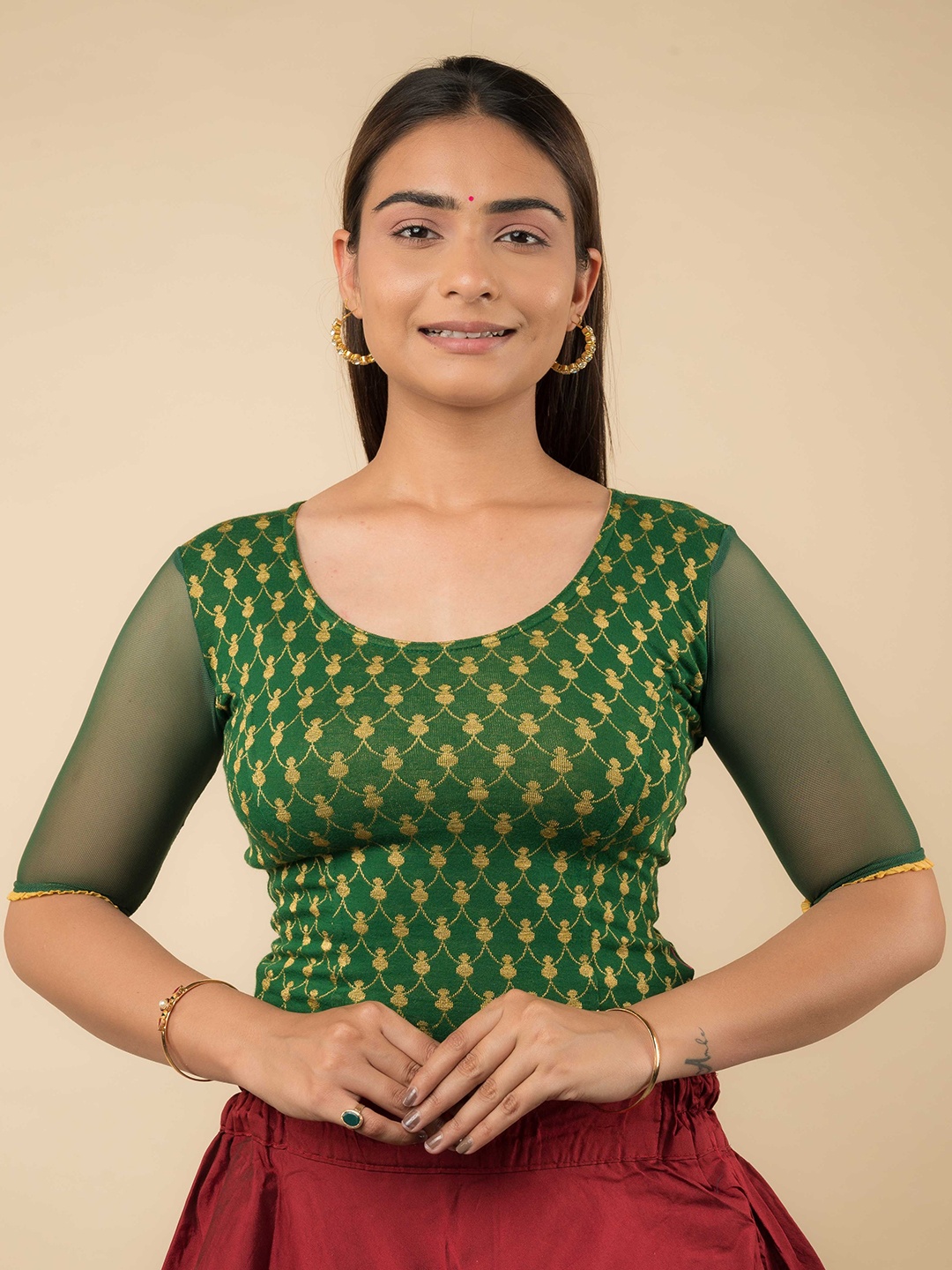 

Bindigasm's Advi Patterned Stretchable Saree Blouse, Green