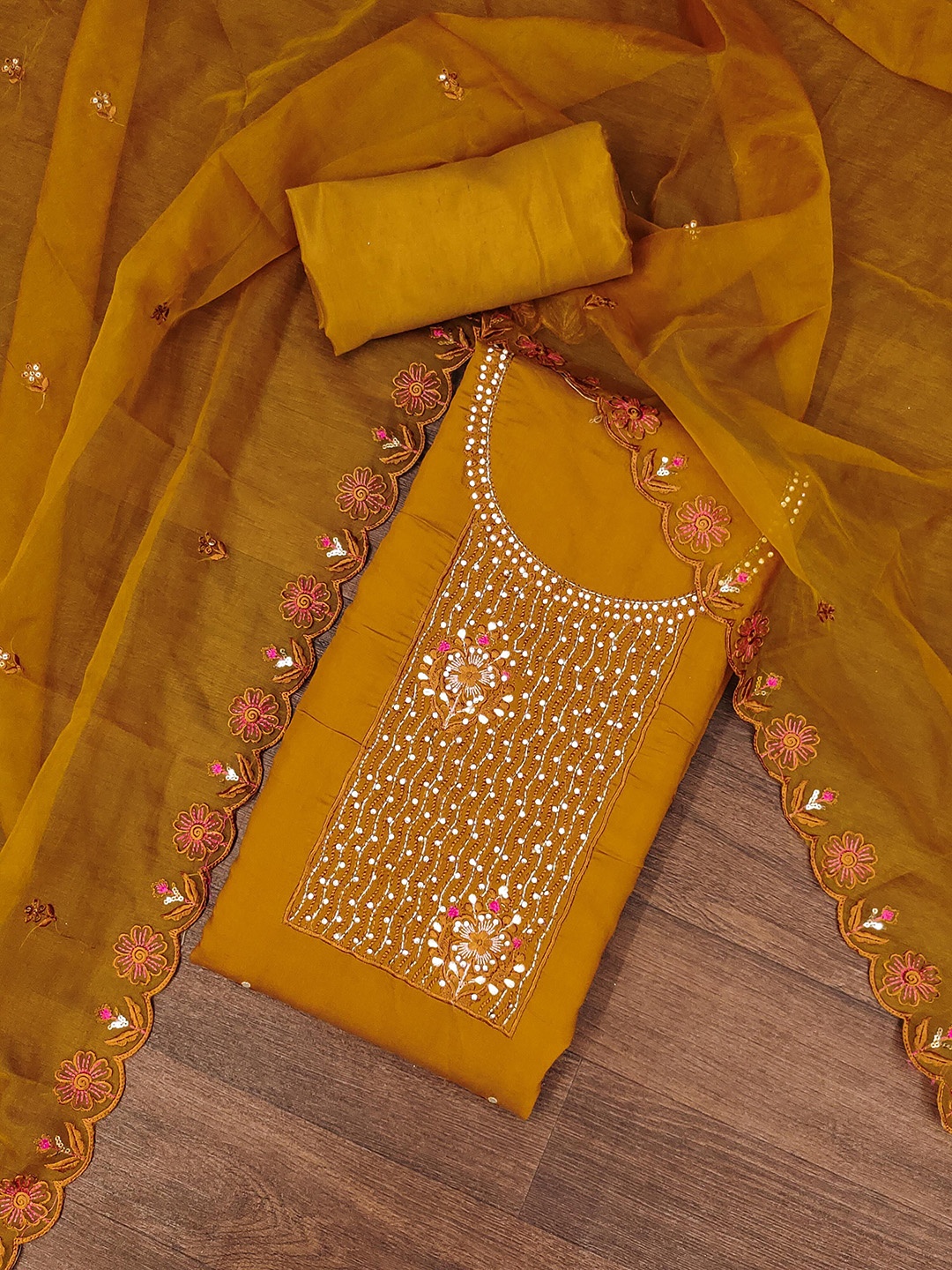 

KALINI Embroidered Pure Silk Unstitched Dress Material, Mustard