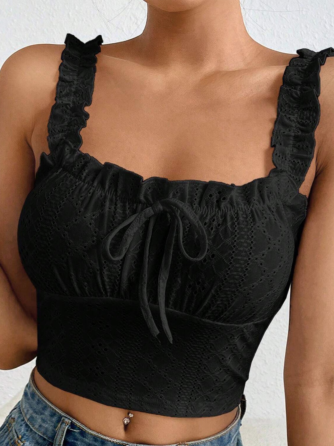 

Stylecast X Slyck Shoulder Straps Ruffles Fitted Crop Top, Black
