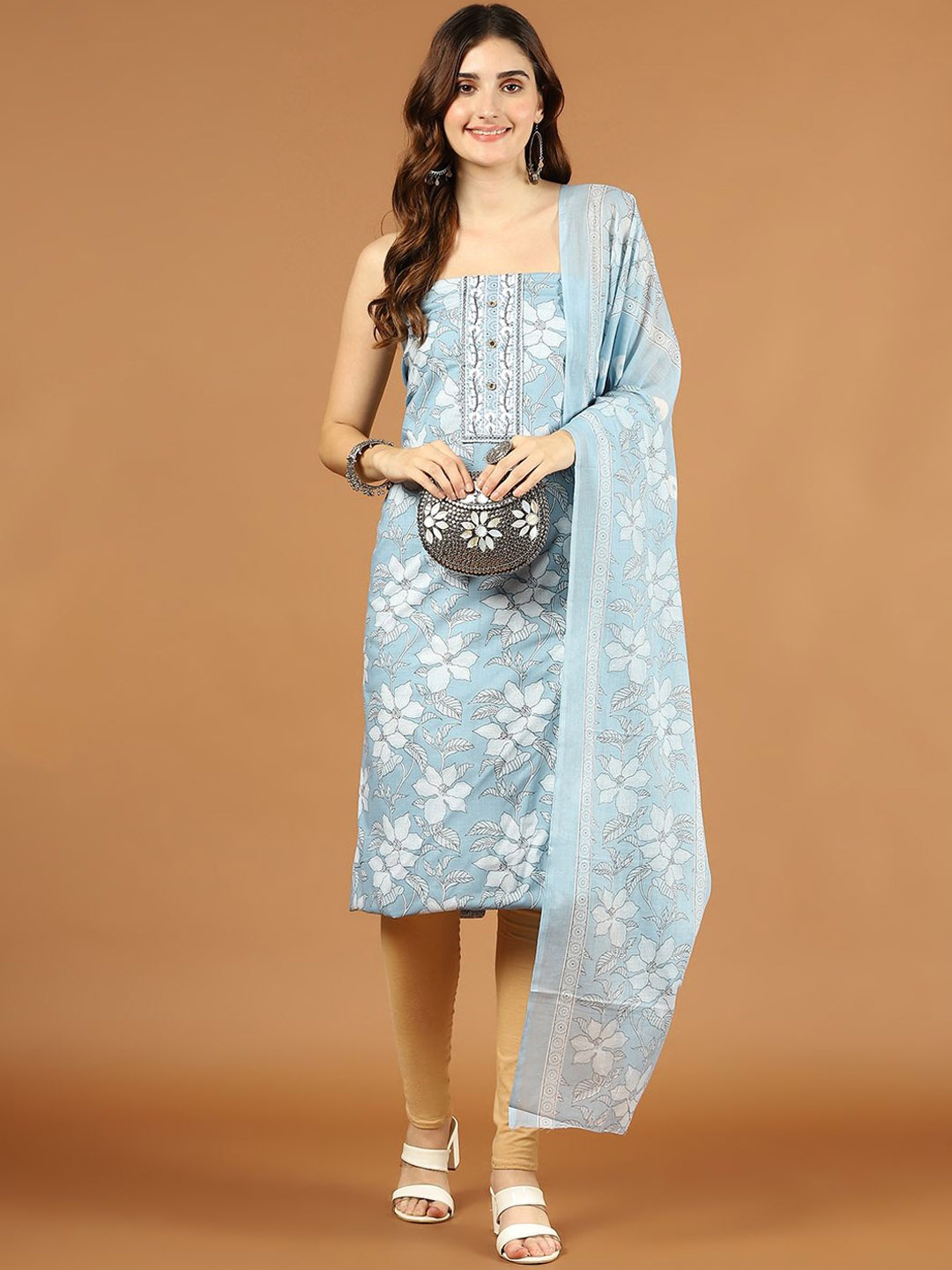 

Meena Bazaar Floral Printed Cotton Unstitched Dress Material, Blue