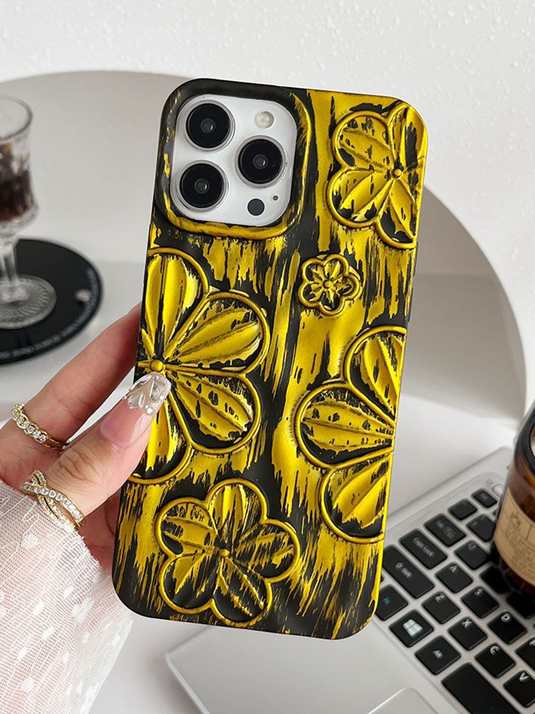 

Luxury Kase Floral Printed iPhone 14 Pro Back Case Mobile Accessories, Yellow