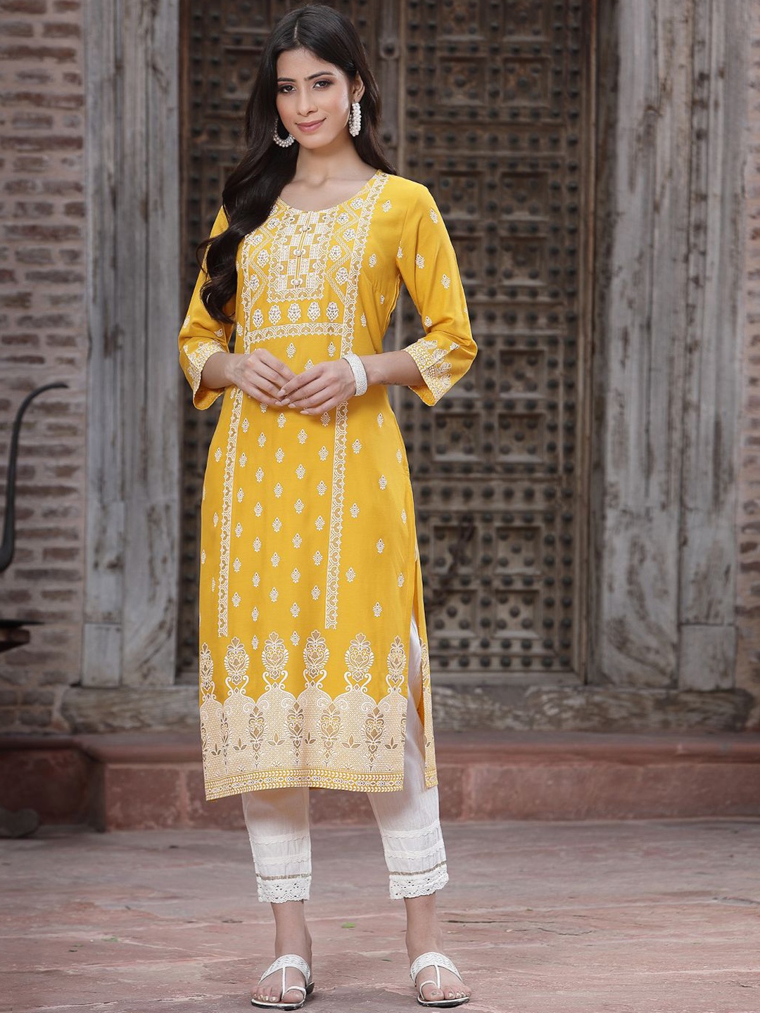 

Juniper Women Ethnic Motifs Printed Flared Sleeves Sequinned Liva Kurta, Mustard