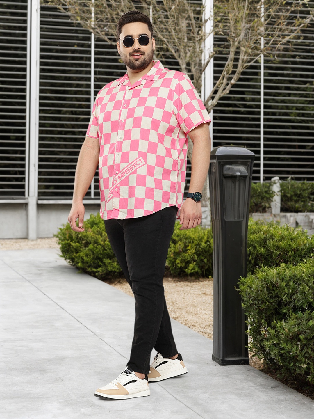 

Sztori Plus-Size Checkerboard Hawaiian Cotton Shirt, Pink