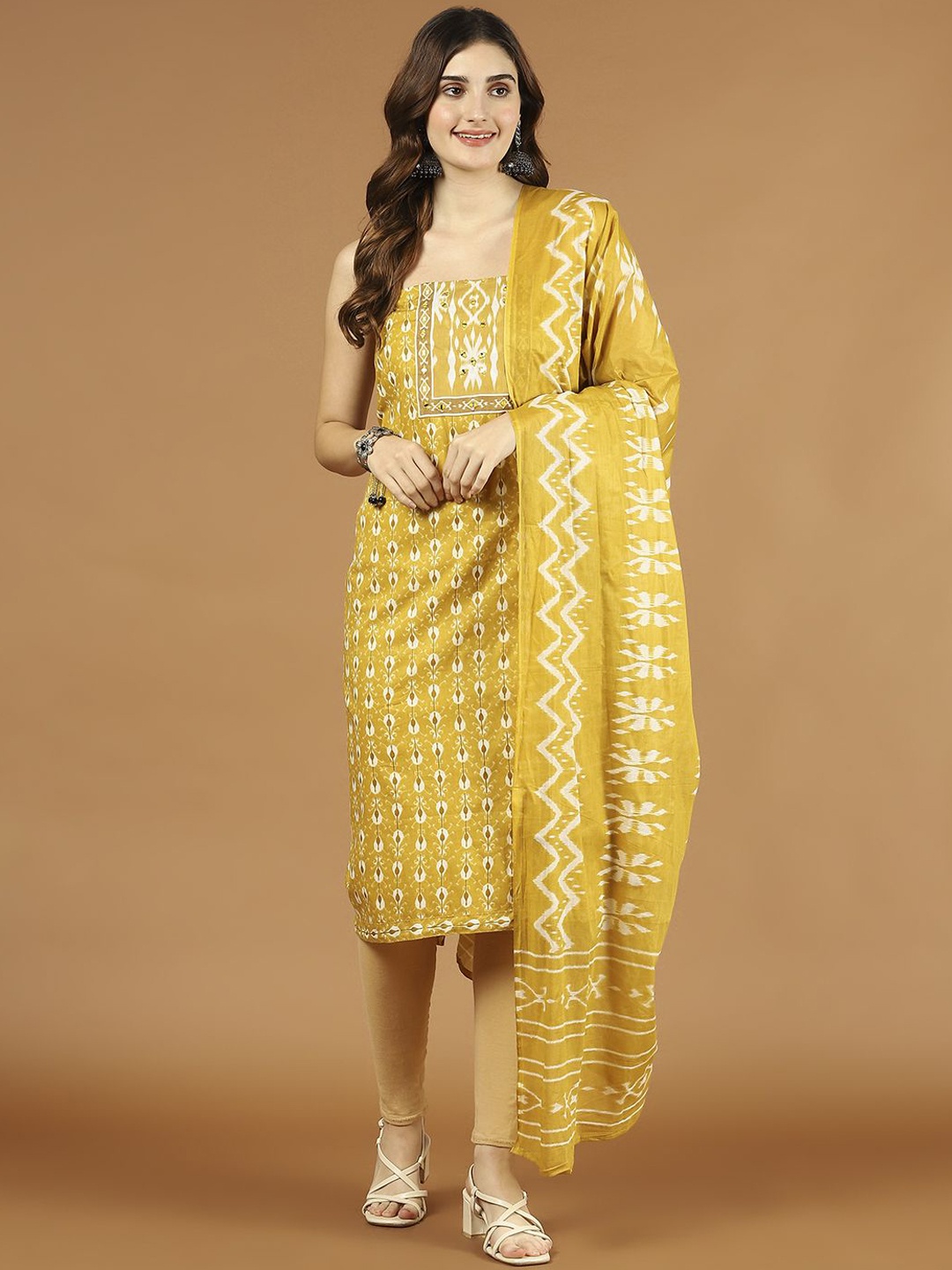 

Meena Bazaar Floral Printed Cotton Unstitched Dress Material, Mustard