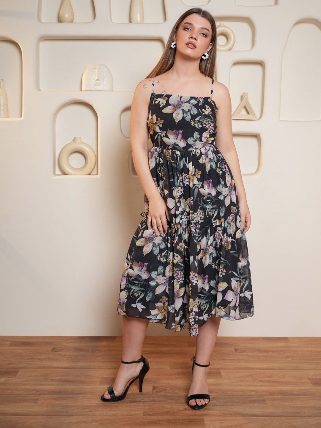 

PURVAJA Women Floral Printed Georgette Fit & Flare Midi Dress, Black