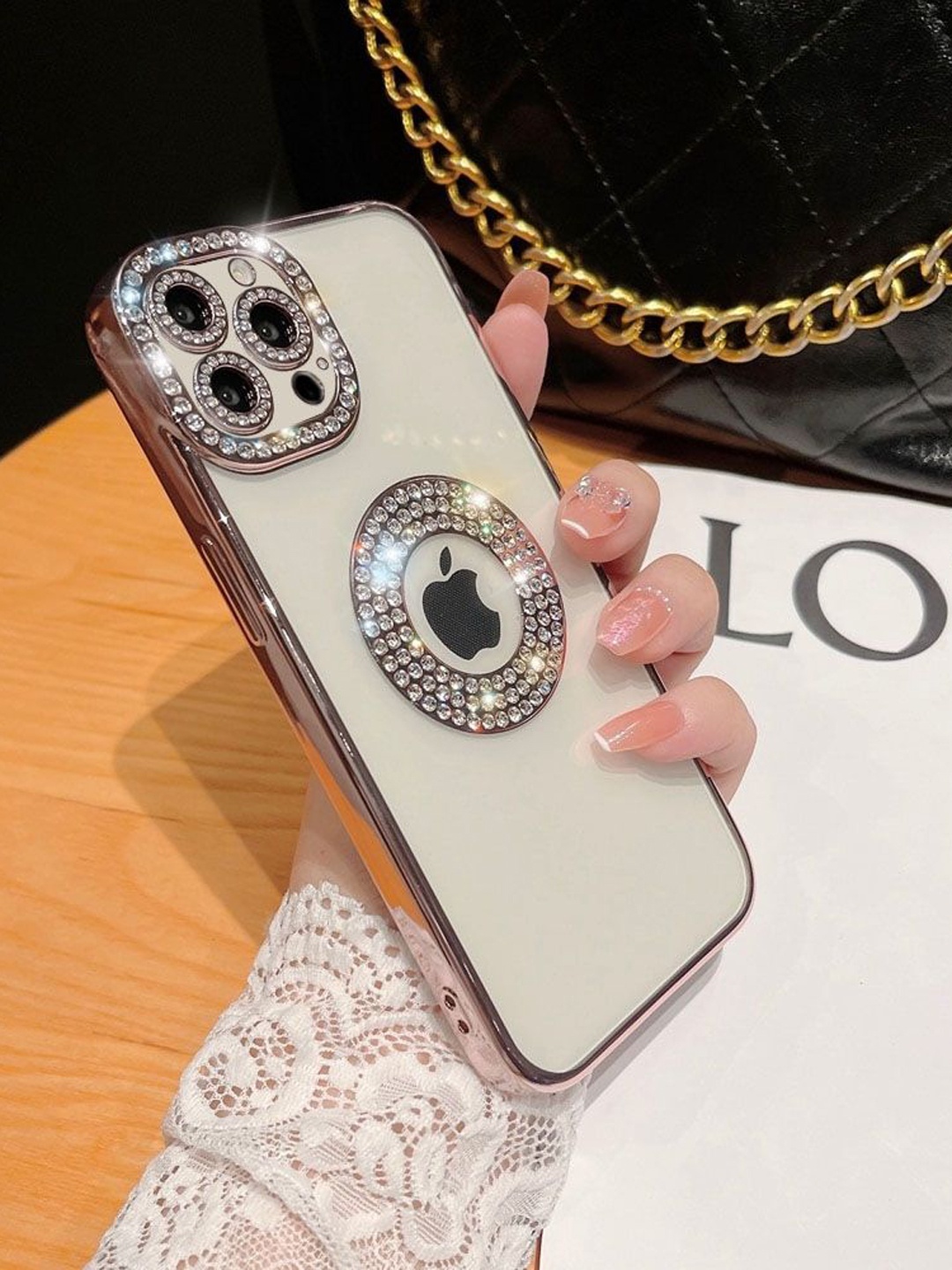 

LuxuryKase Rose Gold Embellished LK030 iPhone 16 Pro Max Logo Hole Phone Case
