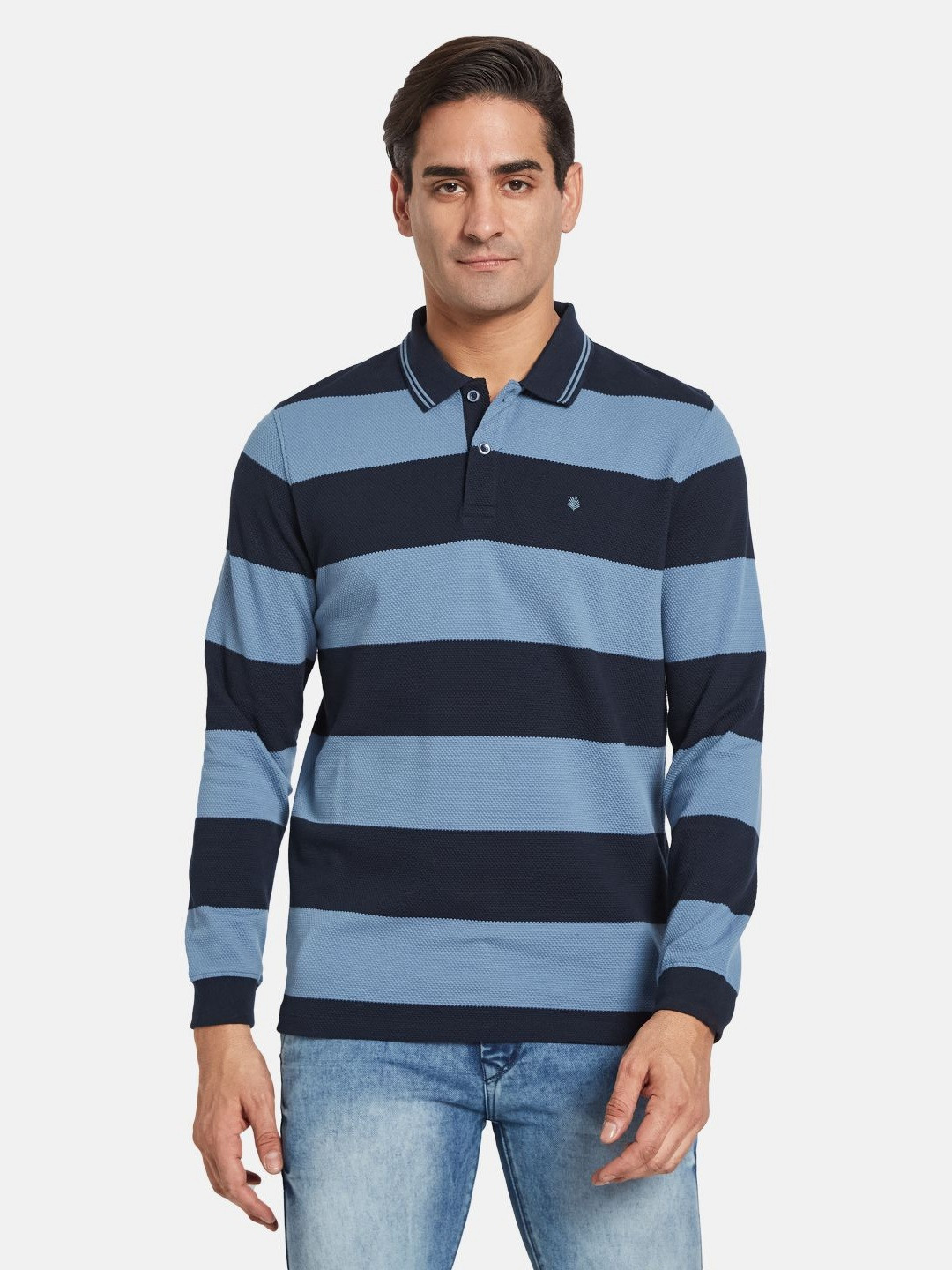 

METTLE Men Colourblocked Polo Collar T-shirt, Blue