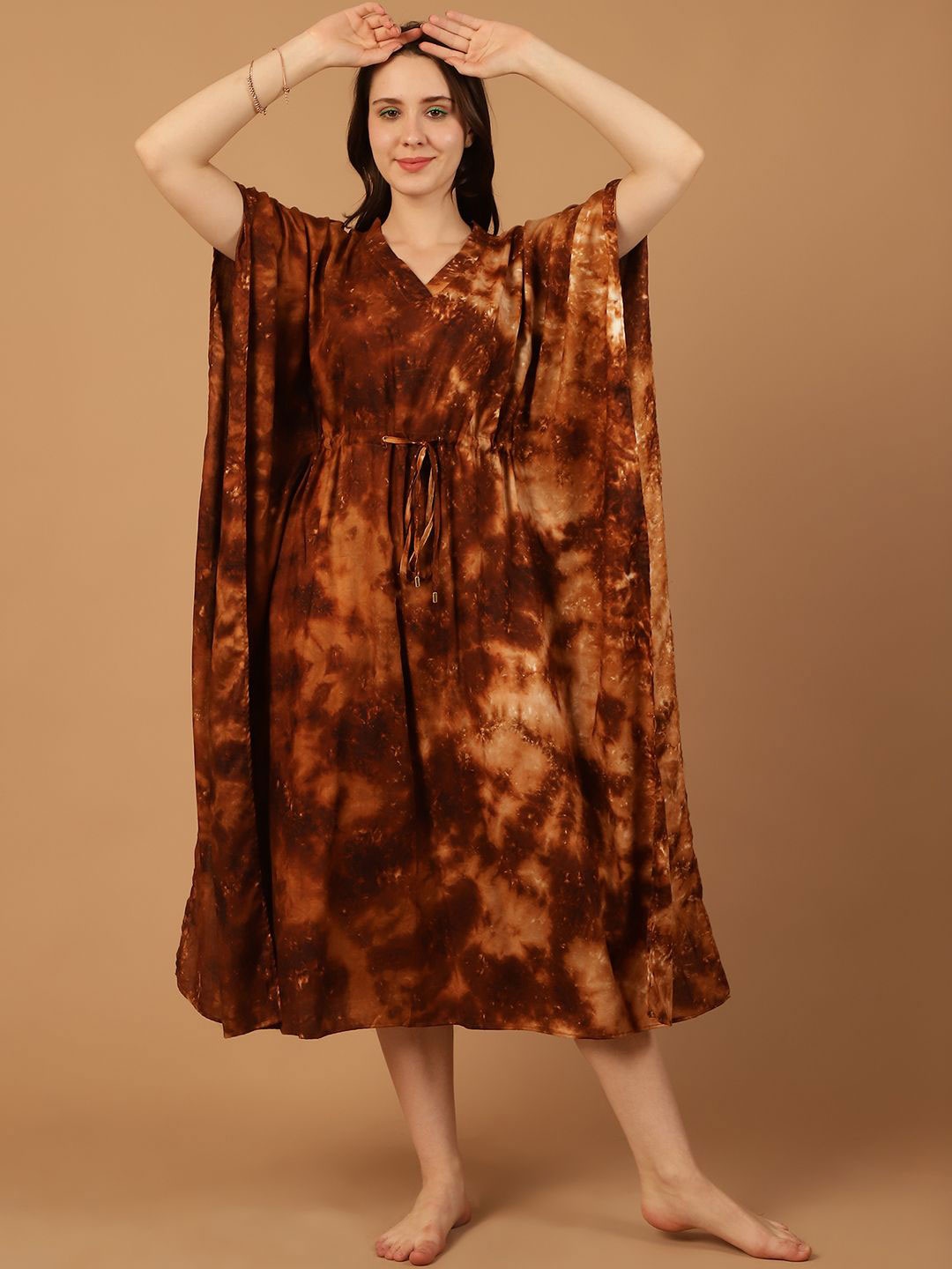 

Blissence Women Printed Midi Nightdress, Brown