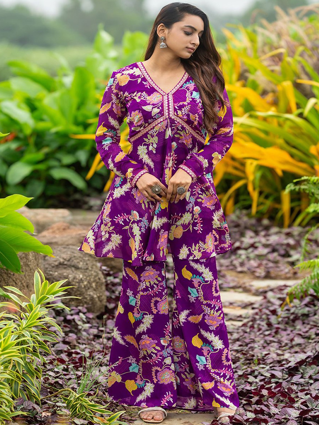 

PIRRA DESIGNS Women Floral Printed Empire Top with Palazzos, Purple