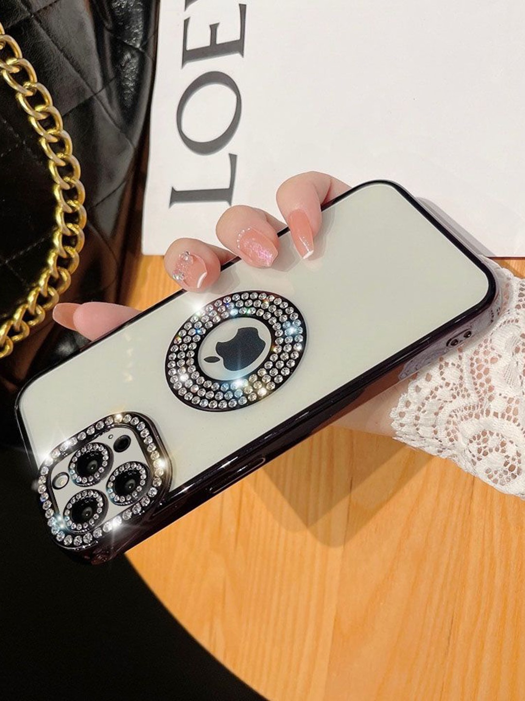 

LuxuryKase Black Embellished LK030 iPhone 15 Pro Max Logo Hole Phone Case