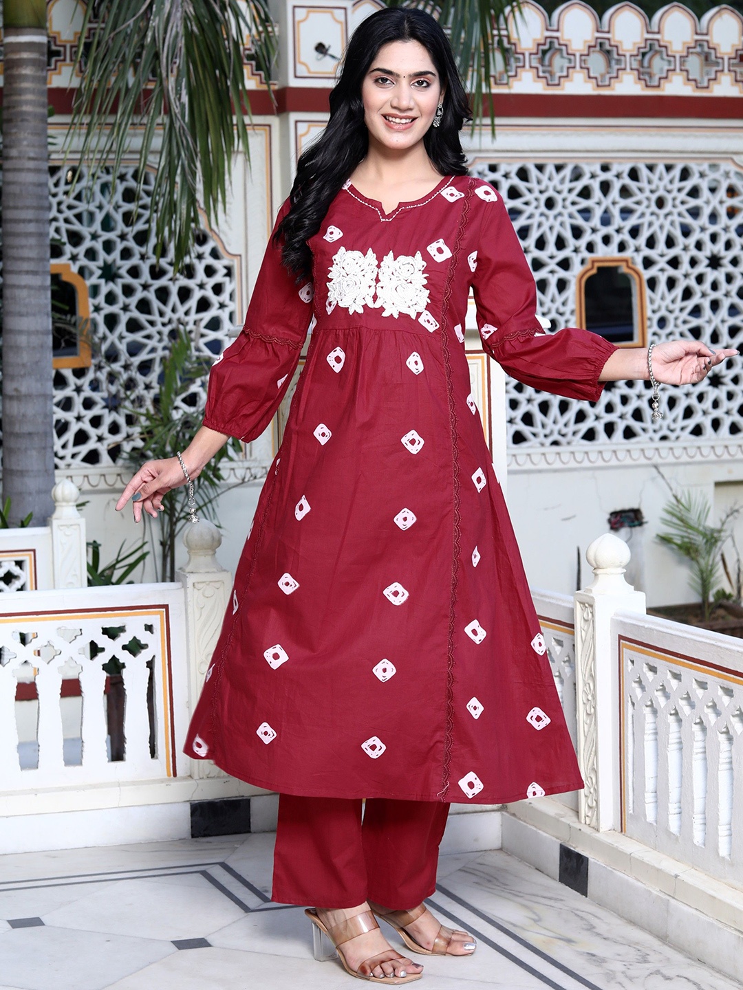 

KALINI Women Floral Embroidered Regular Pure Cotton Kurta with Trousers, Maroon