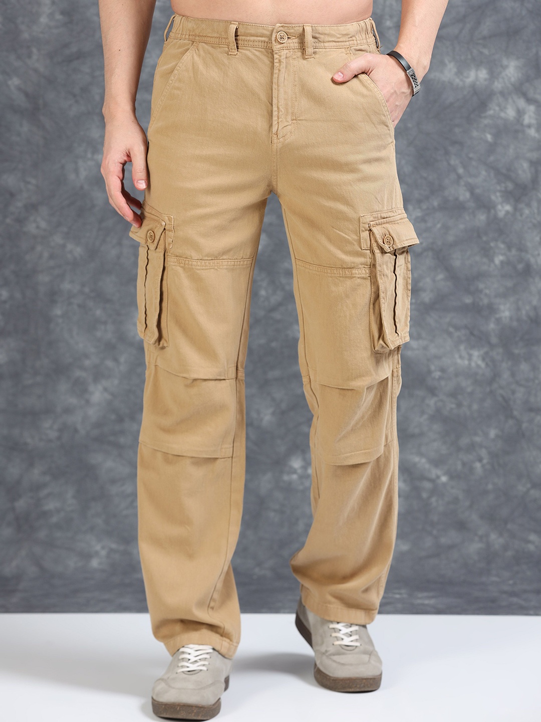 

RIGS AND RAGS Men Smart Straight Fit Cargos Trousers, Beige