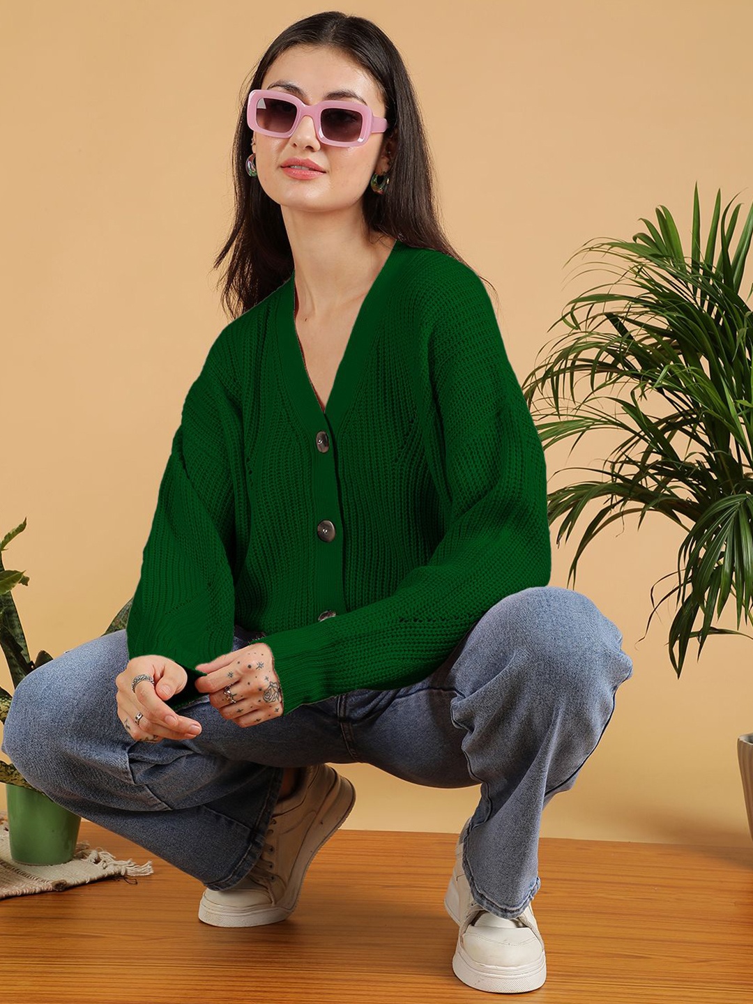 

Stylecast X Kotty Women Cotton V-Neck Ribbed Cardigan Sweaters, Green
