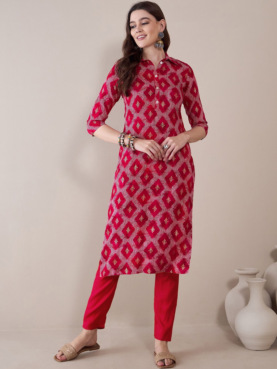 

Anouk Women Ethnic Motifs Printed Thread Work Kurta, Red