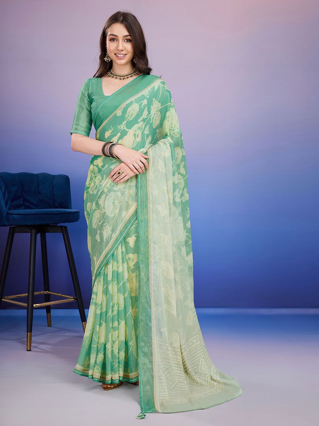 

Rekha Maniyar Ethnic Motifs Phulkari Brasso Heavy Work Block Print Saree, Green