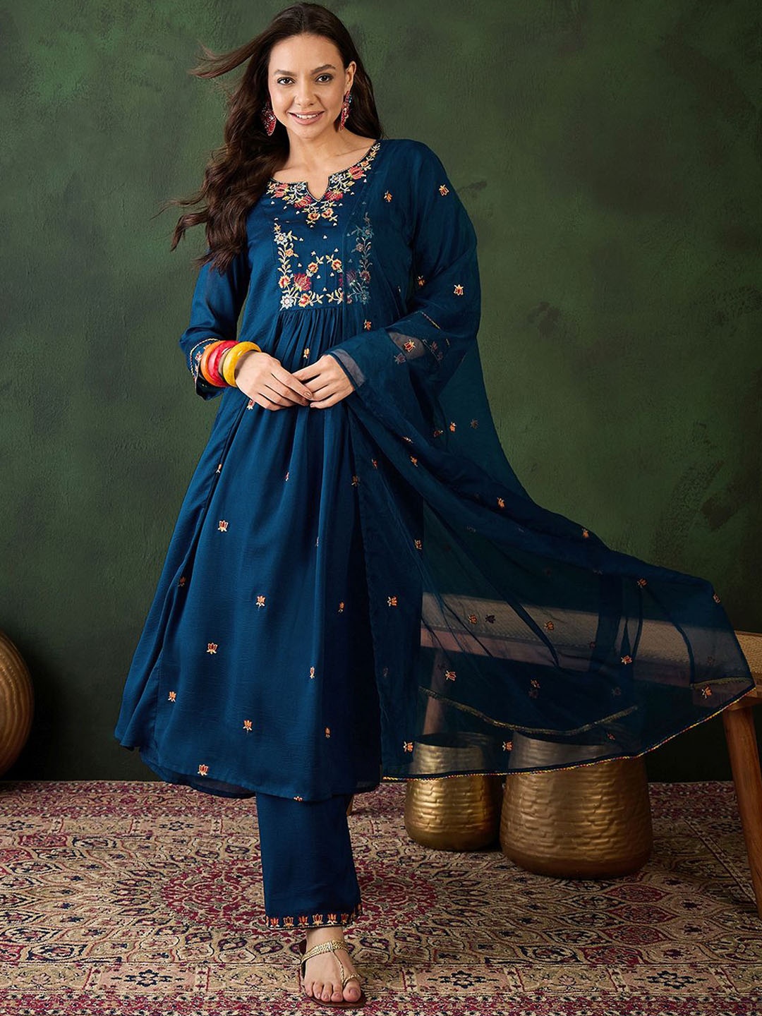 

Sangria Floral Embroidered A-Line Kurta & Trousers With Dupatta, Blue