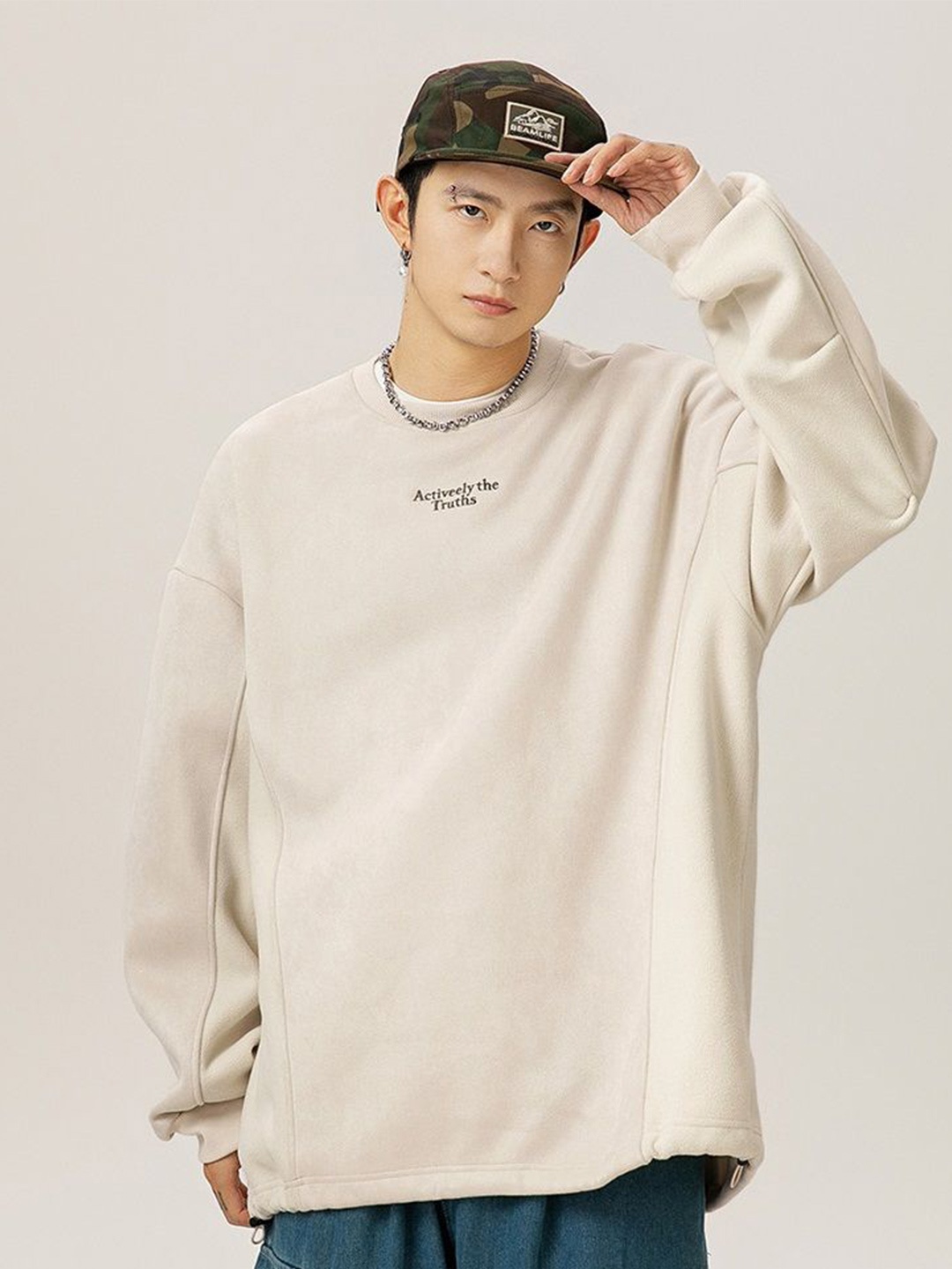 

HERE&NOW Men Printed Oversized Pullover Sweatshirt, Beige