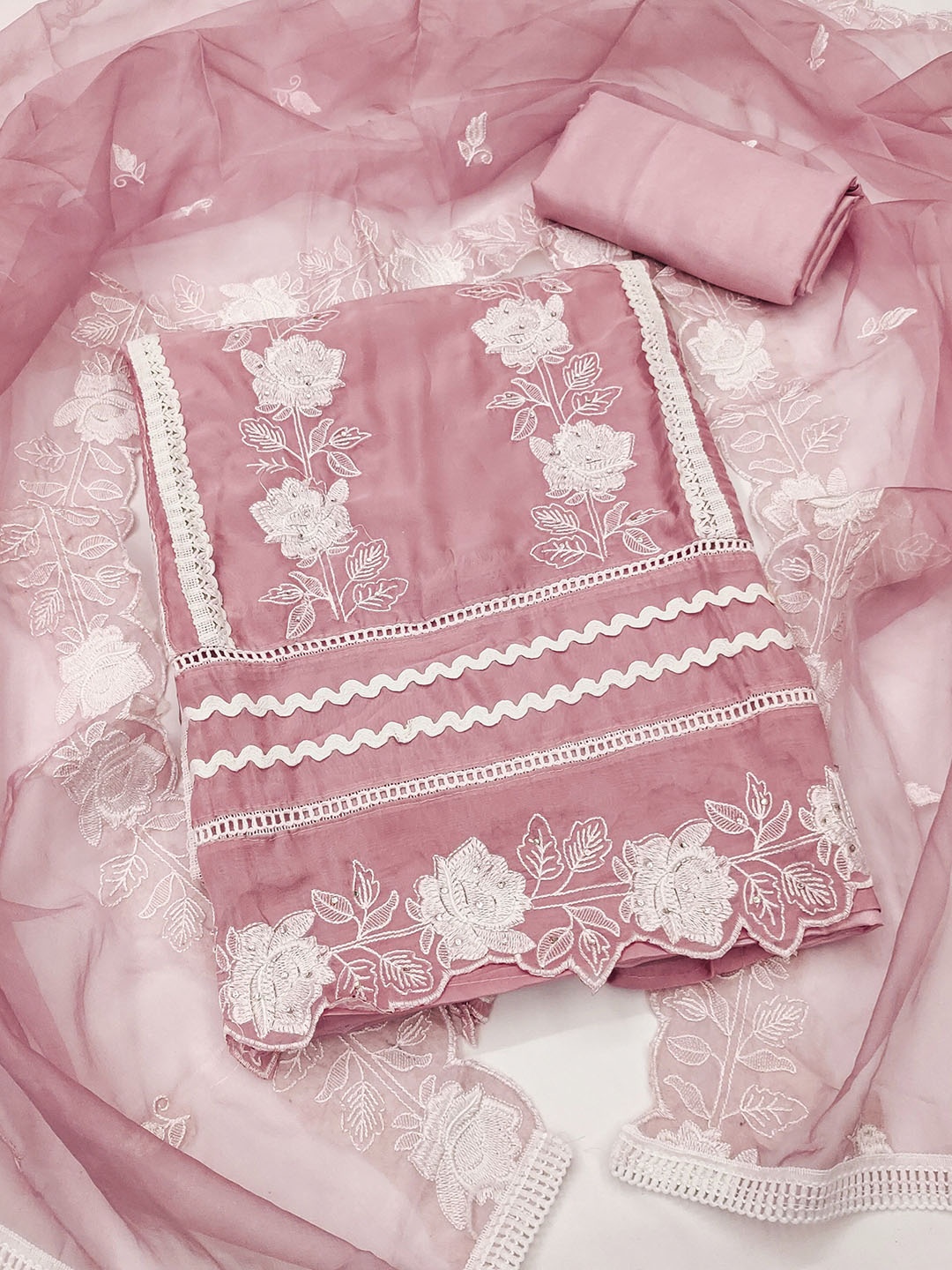 

KALINI Embroidered Organza Unstitched Dress Material, Pink