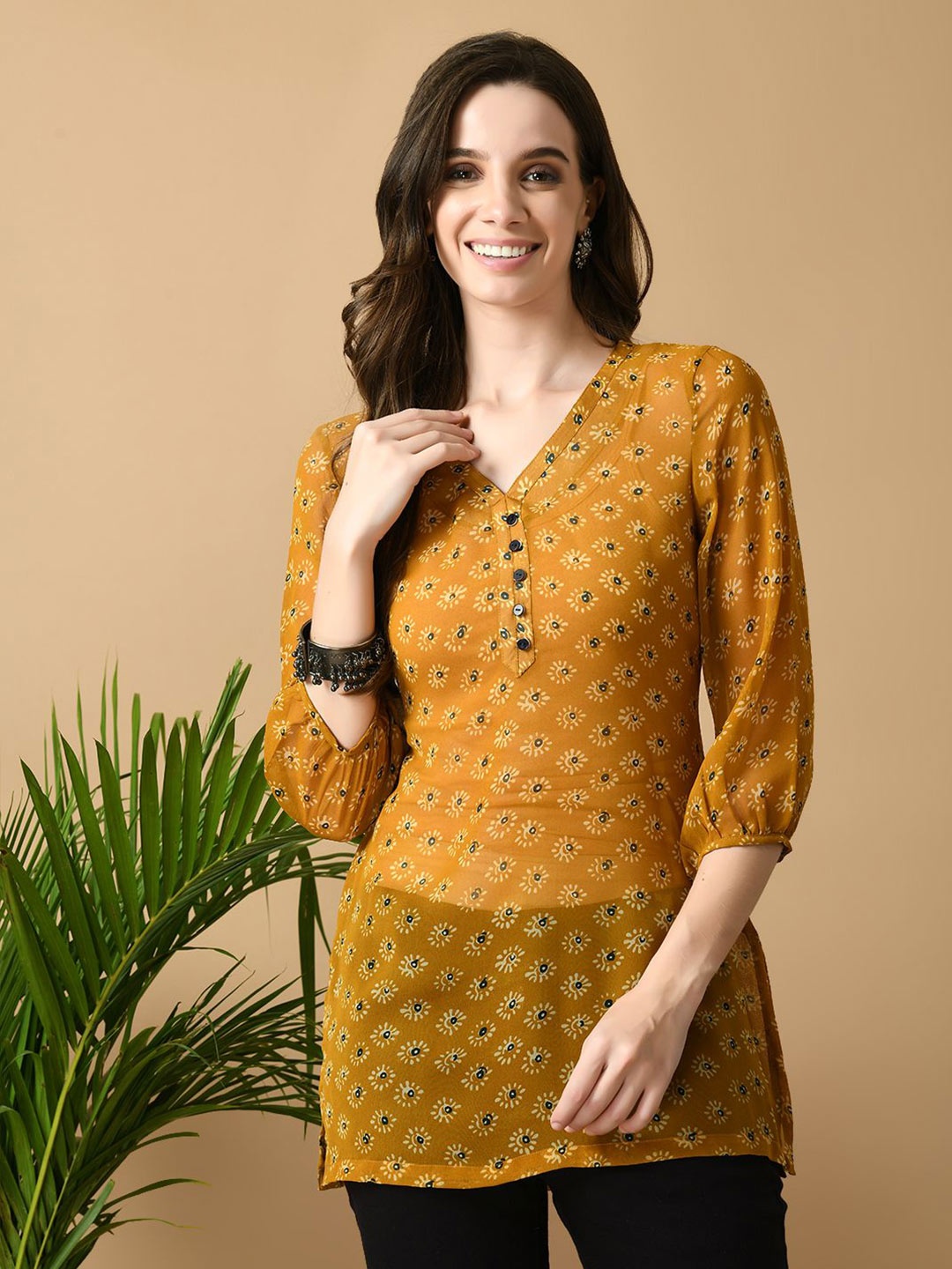 

MEESAN Printed Embellished Ethnic Tunic, Mustard