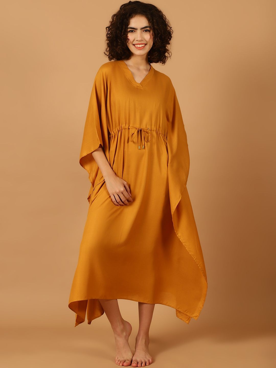 

Blissence Women V-Neck Kaftan Maxi Nightdress, Mustard